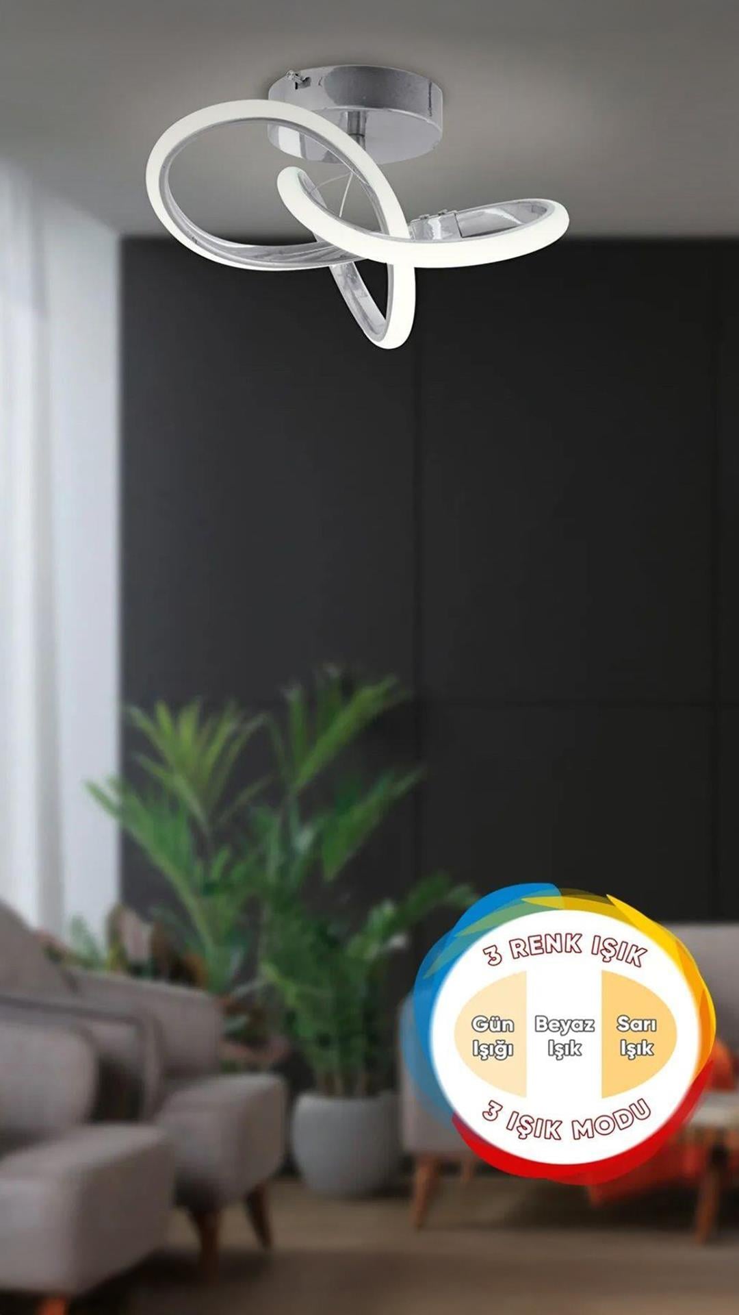 Modern 3 Renk Işıklı Salon Mutfak Oturma Odası Avize Plafonyer Tavan Mario Led Avize Krom