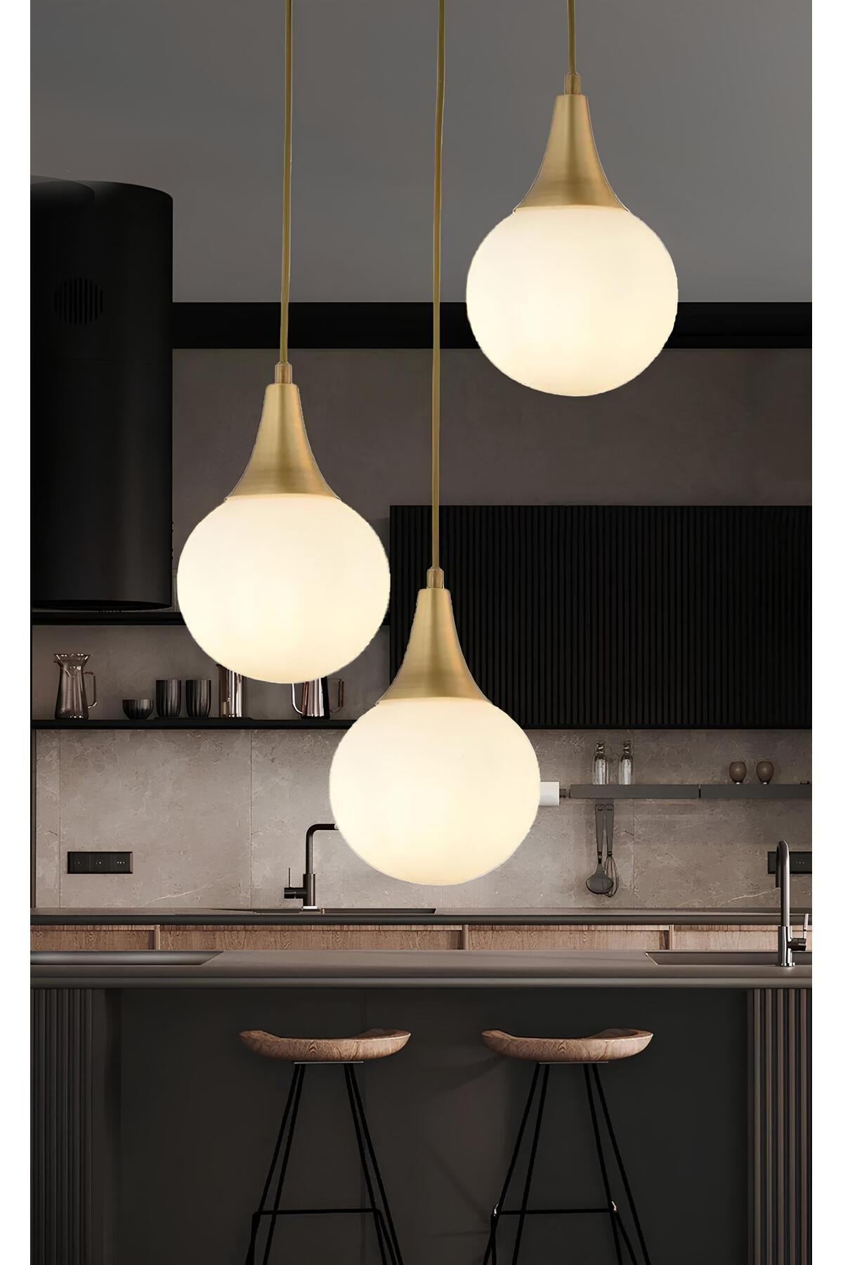 Modern 3'lü Sarkıt Beyaz Opal Camlı Salon Mutfak Oturma Odası Avize Eskitme Gold