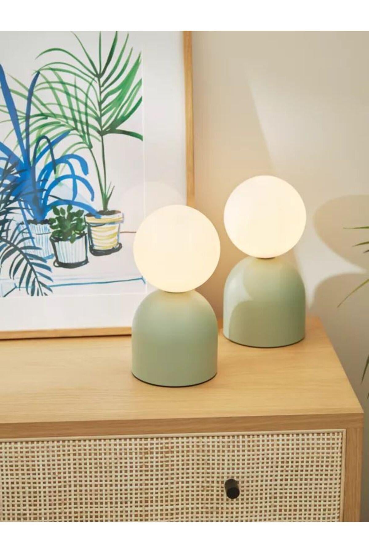 Modern Abajur Mint Green Beyaz Glop Camlı Masa Lambası