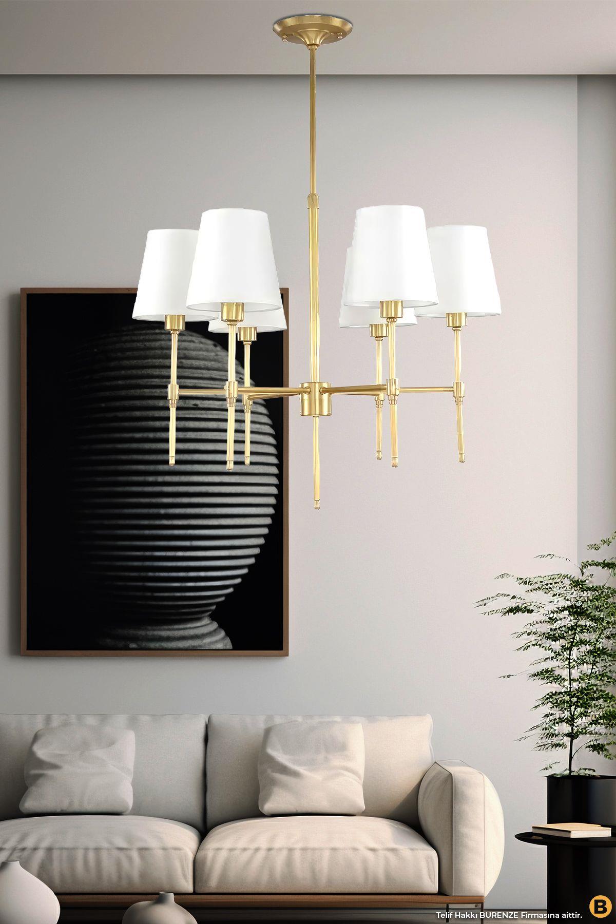 Modern Avize 6 lı Eskitme Gold Avize Krem Abajur Şık Görsellik Katar