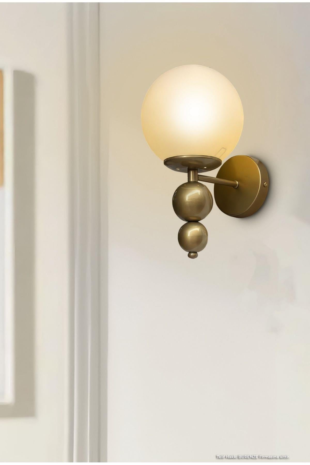 Modern Beyaz Glop Camlı Pilli Aplik 1 ADET Tak Çalıştır Aç Kapa Butonlu Kablosuz Eskitme Gold Sarı