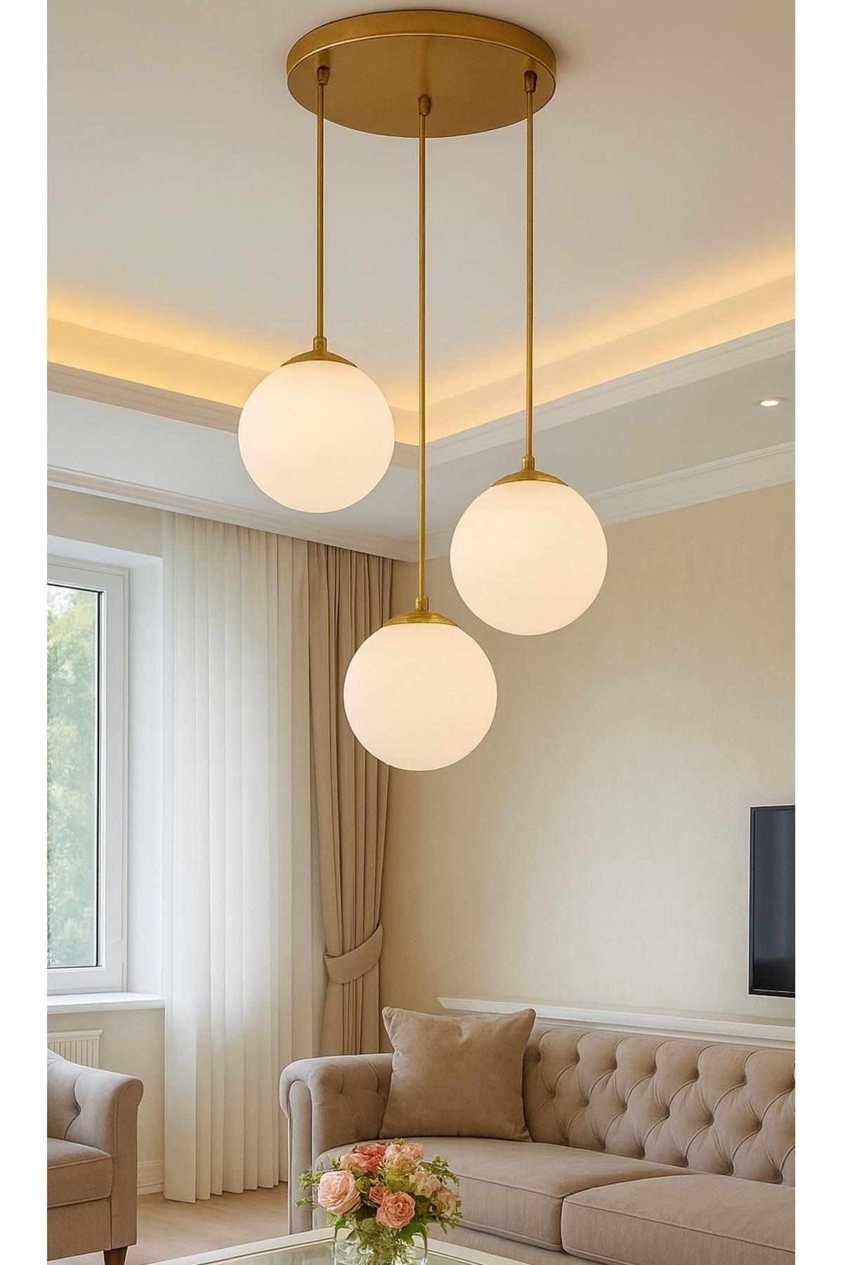 Modern Camlı Avize Beyaz Mat Glop Camlı Salon Avizesi 3 lü Sarkıt Avize