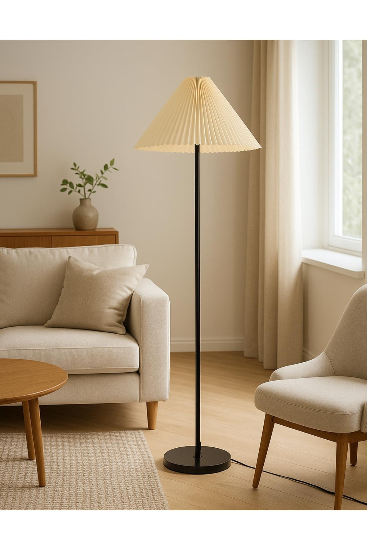 Modern Capri Umbrella Pileli Krem Kumaş Dekoratif Lambader Metal Siyah Gövde
