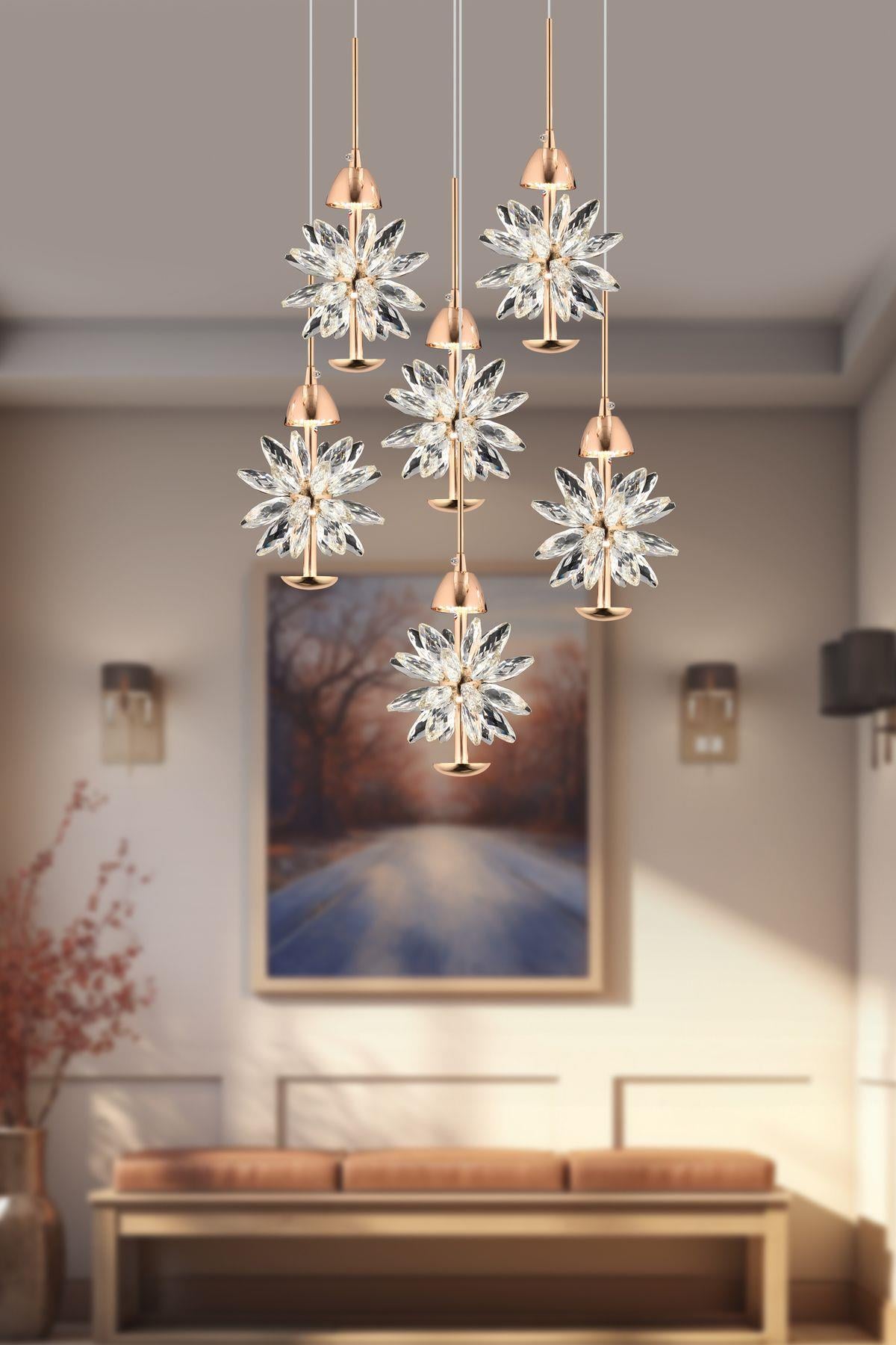 Modern Crystal Led Sarkıt Avize Kristal Taşlı 6 lı Ledli Avize Gold Sarı Gün Işığı