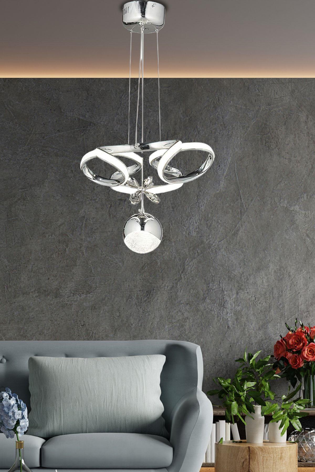 Modern Dimmerli Kumandalı 3 Renk Salon Mutfak Oturma Odası Avize Sarkıt Led Avize Krom