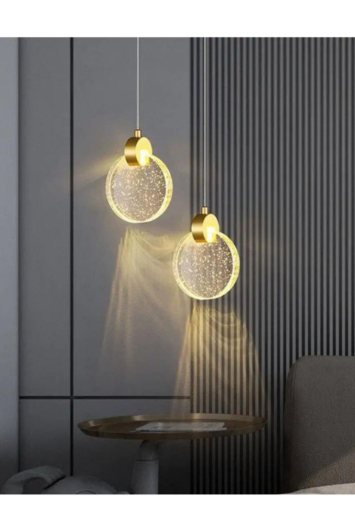 Modern Elegance Luxury Sarkıt Kristal Camlı Led Avize Gold Sarı 2 Adet Set Fiyat