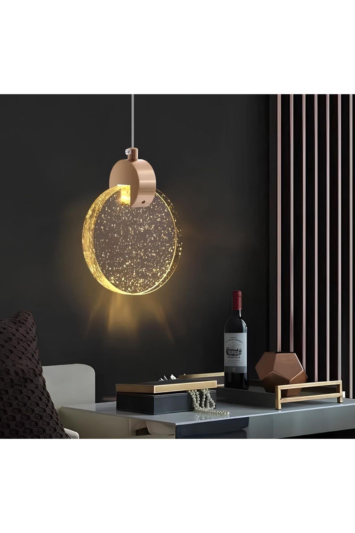 Modern Elegance Luxury Tekli Sarkıt Kristal Camlı Led Avize Gold Sarı Ledli Avize
