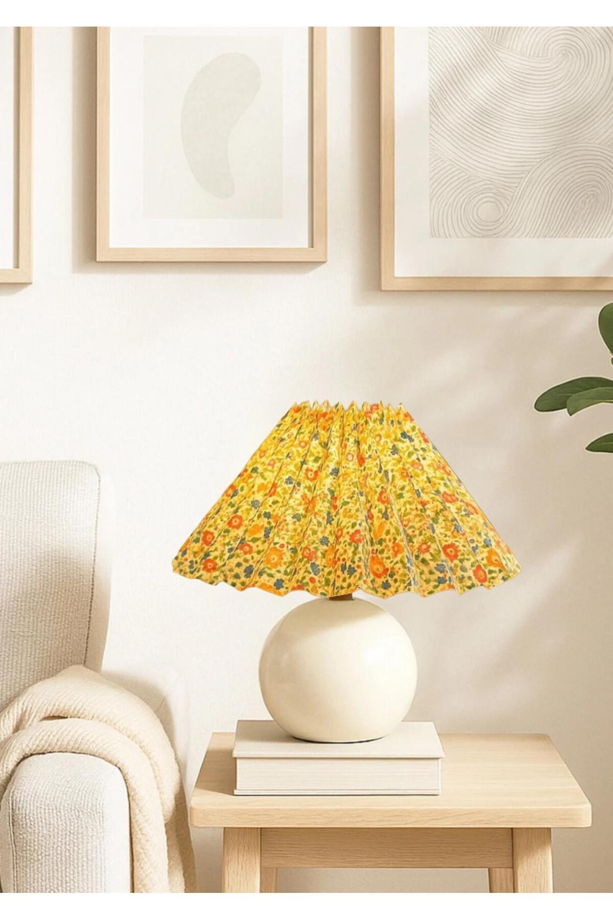 Modern Flower Çiçek Desenli Umbrella Abajur Krem Gövde