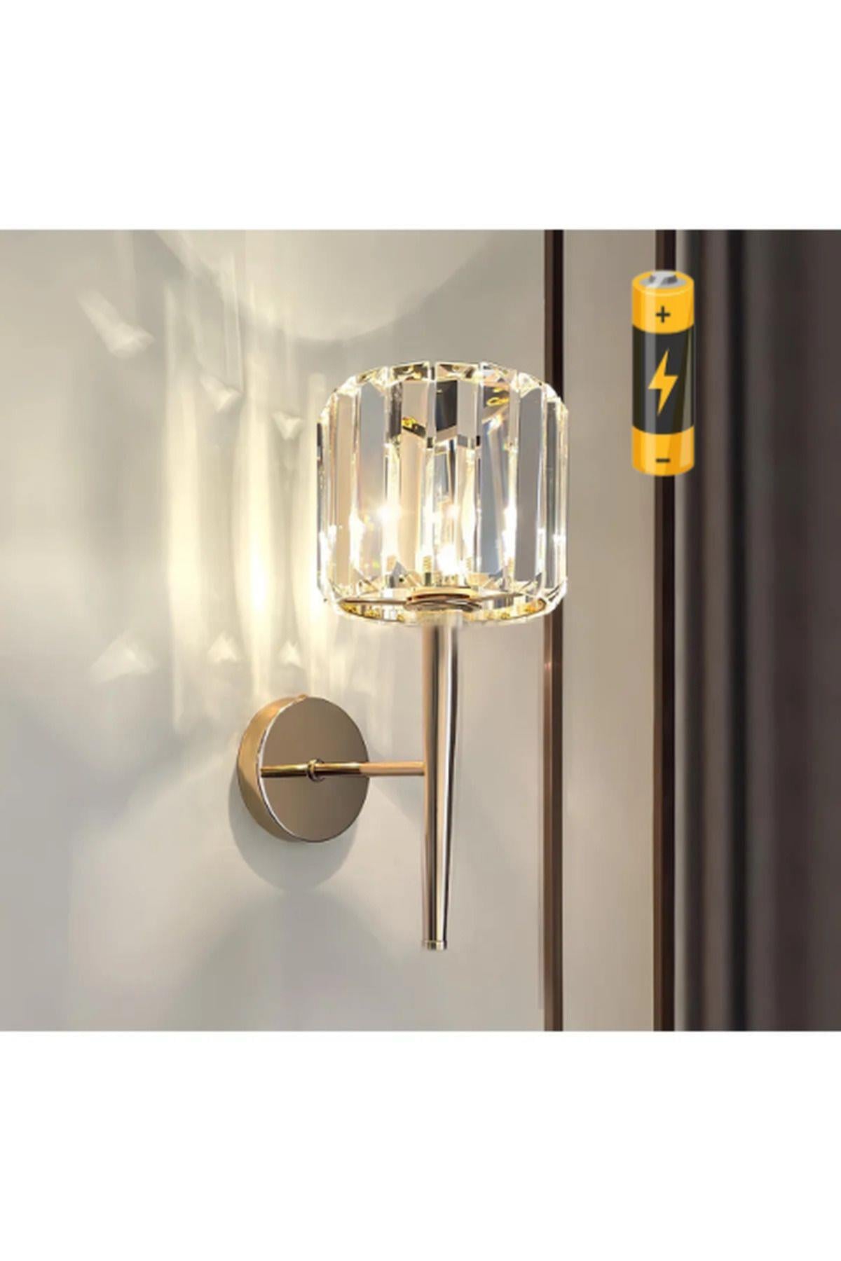 Modern Kristal Taşlı Kablosuz Pilli Aplik Aç Kapa Butonlu Gold Sarı