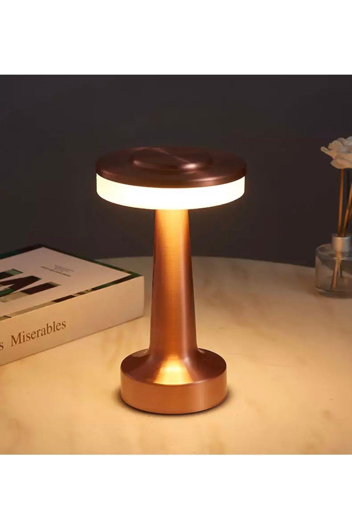 Modern Led Abajur Masa Lambası Dokunmatik 6 Mod Kademeli Şarjlı Bakır Bronz