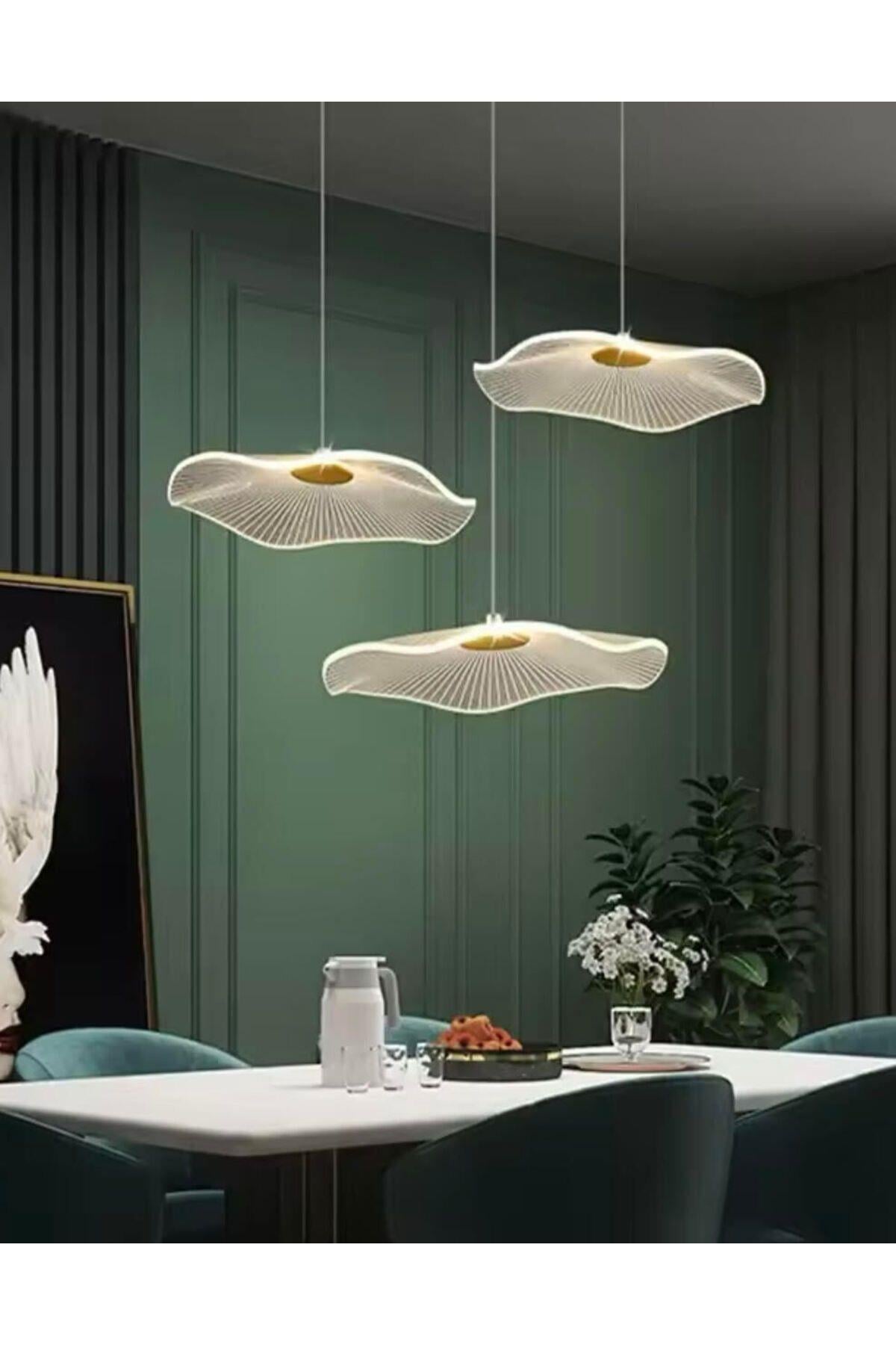 Modern Lotus Sarkıt Avize 3 lü Sarkıt Avize French Gold Sarı Power Led Avize Warm White Gün Işığı