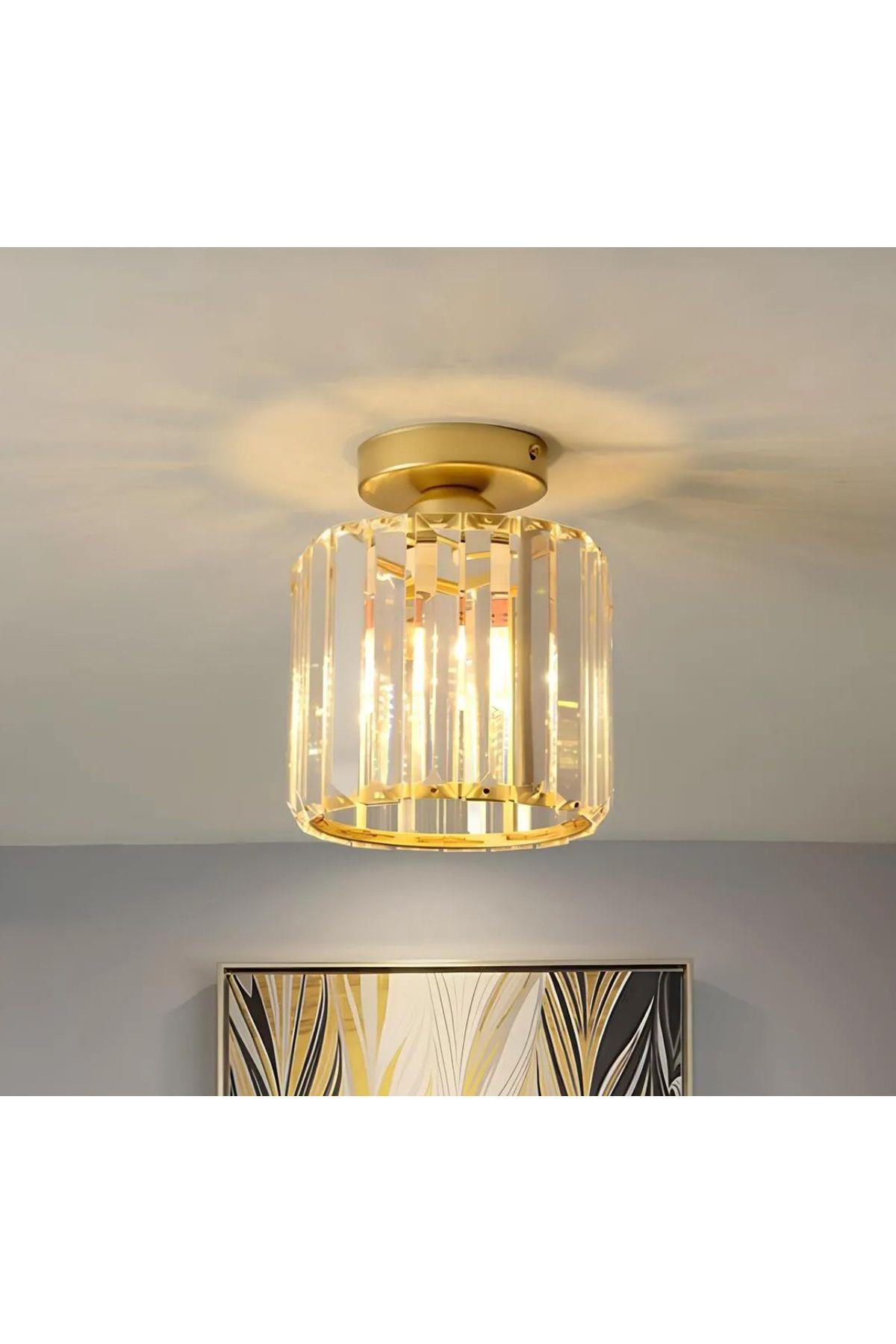 Modern Lüks Kristal Taşlı Plafonyer Avize Eskitme Gold