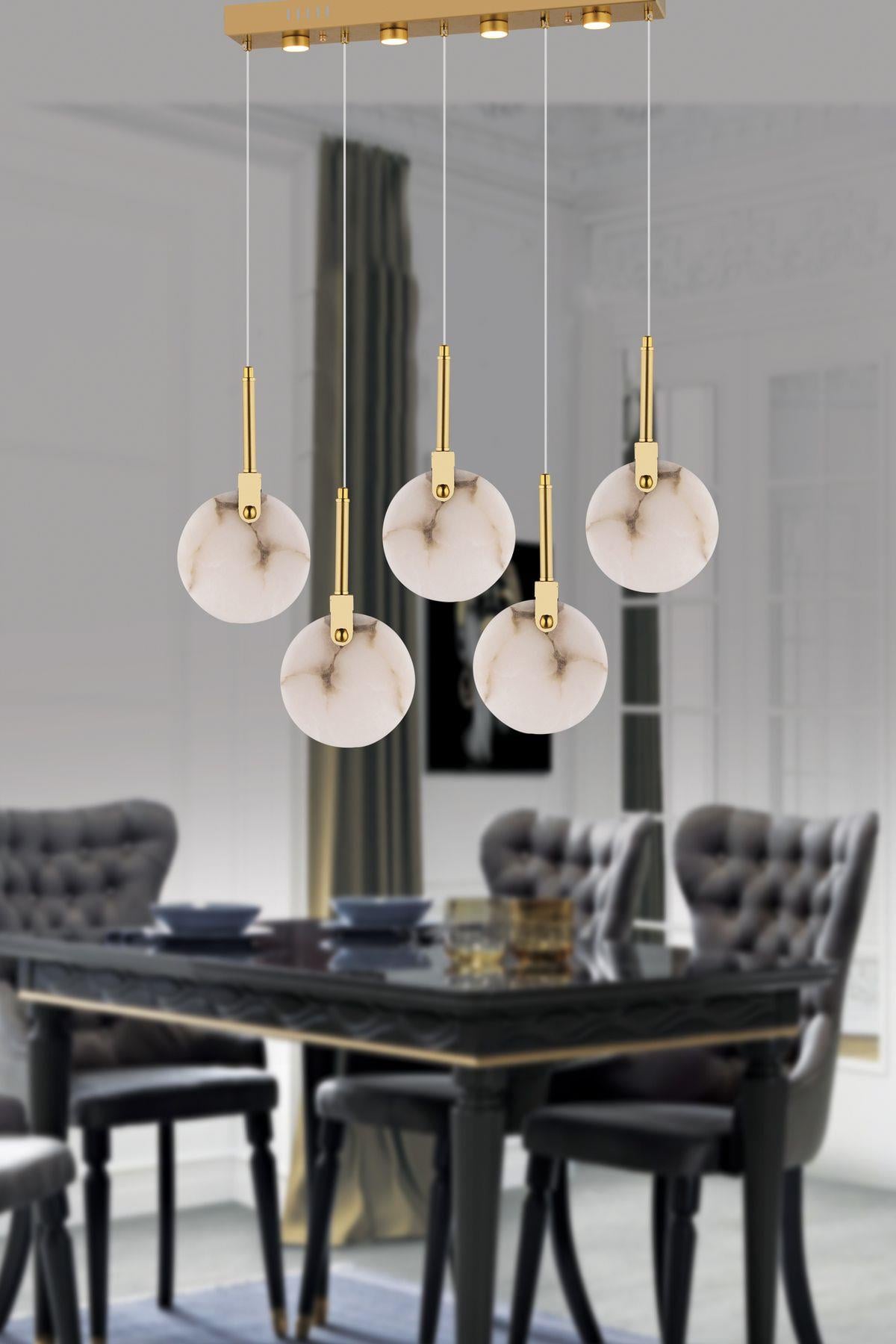 Modern Lüks Tasarım Marble Lighting Sarkıt Beşli Sıralı Mermer Avize Eskitme Gold