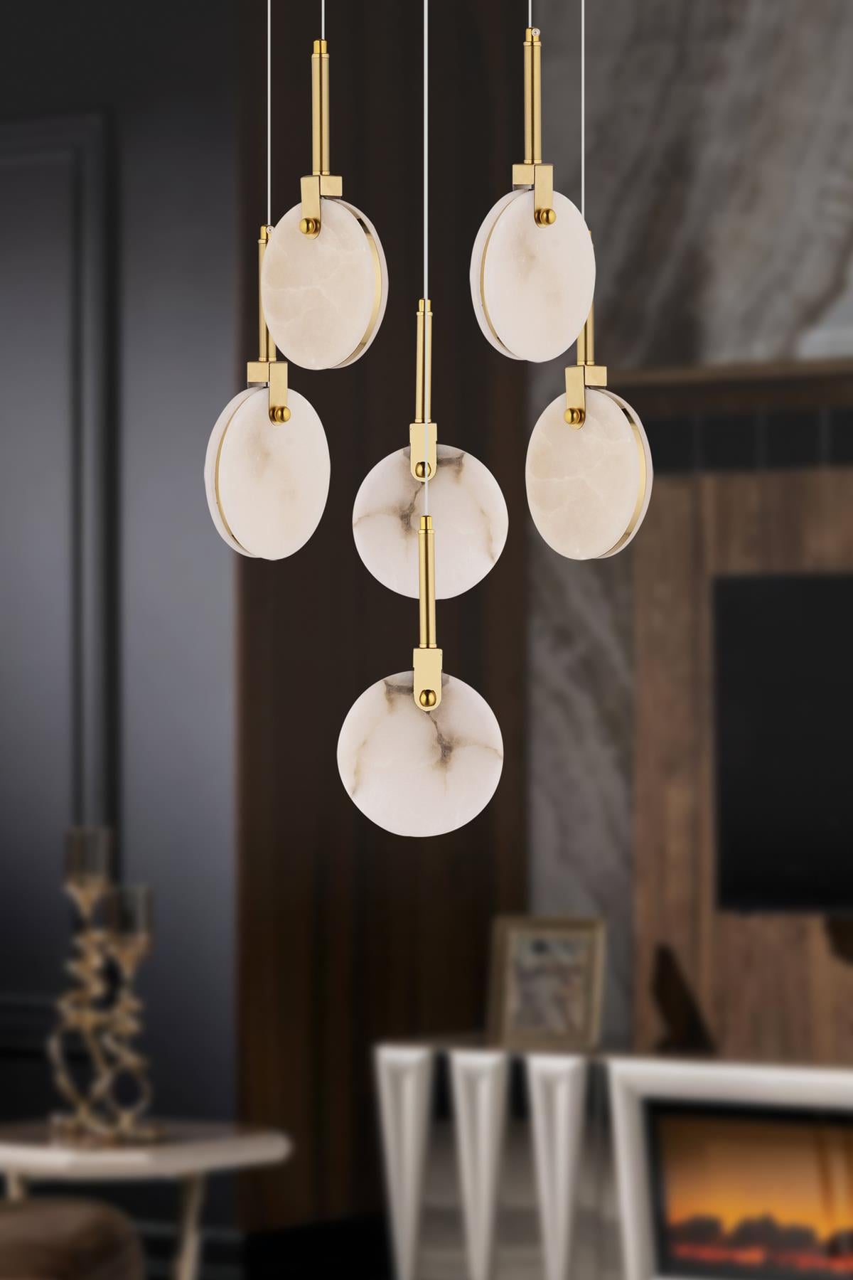 Modern Lüks Tasarım Marble Lighting Sarkıt Dörtlü Mermer Avize Eskitme Gold