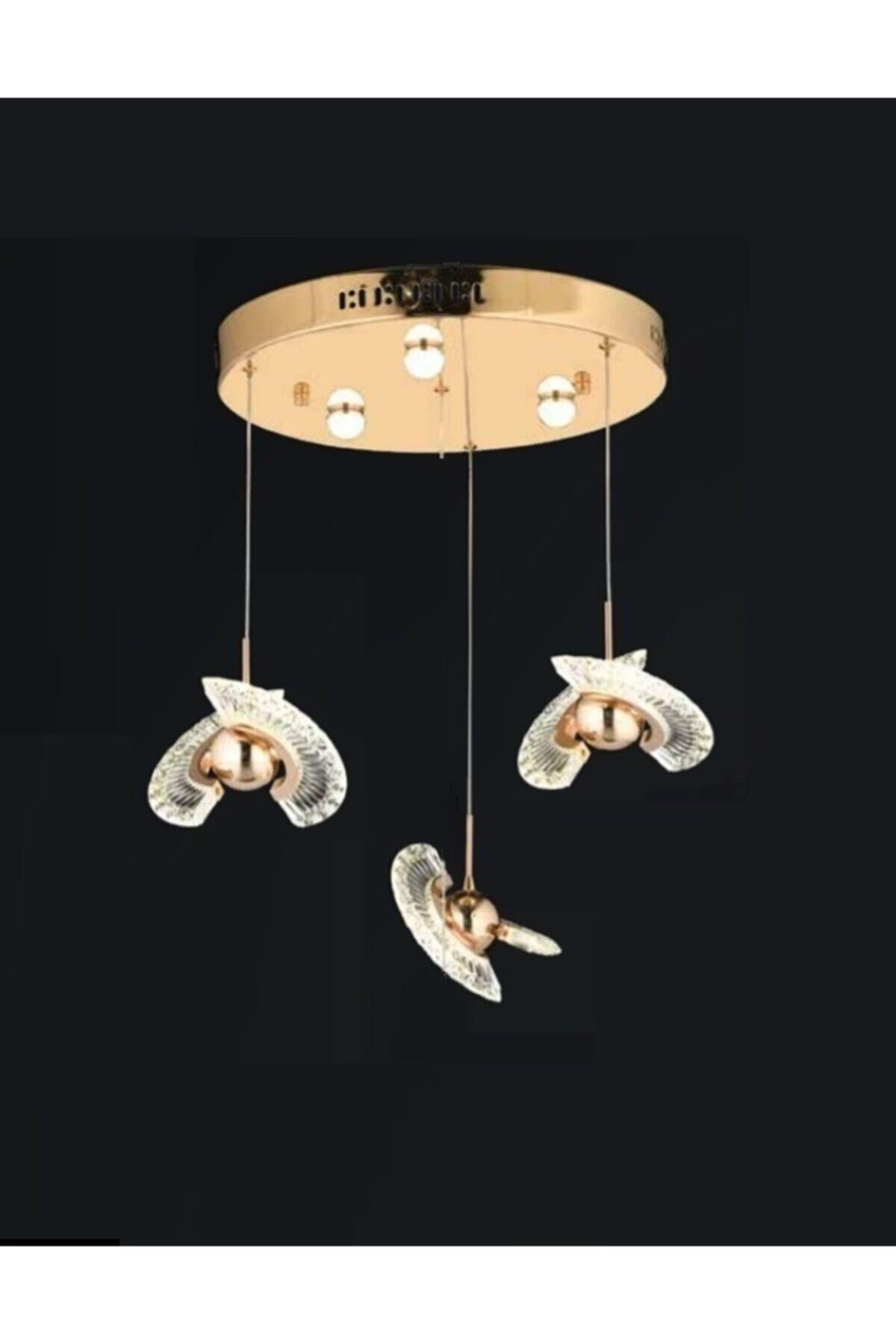 Modern Luxury Exclusive Crystal Üçlü Led Avize Gold Sarı Ledli Avize