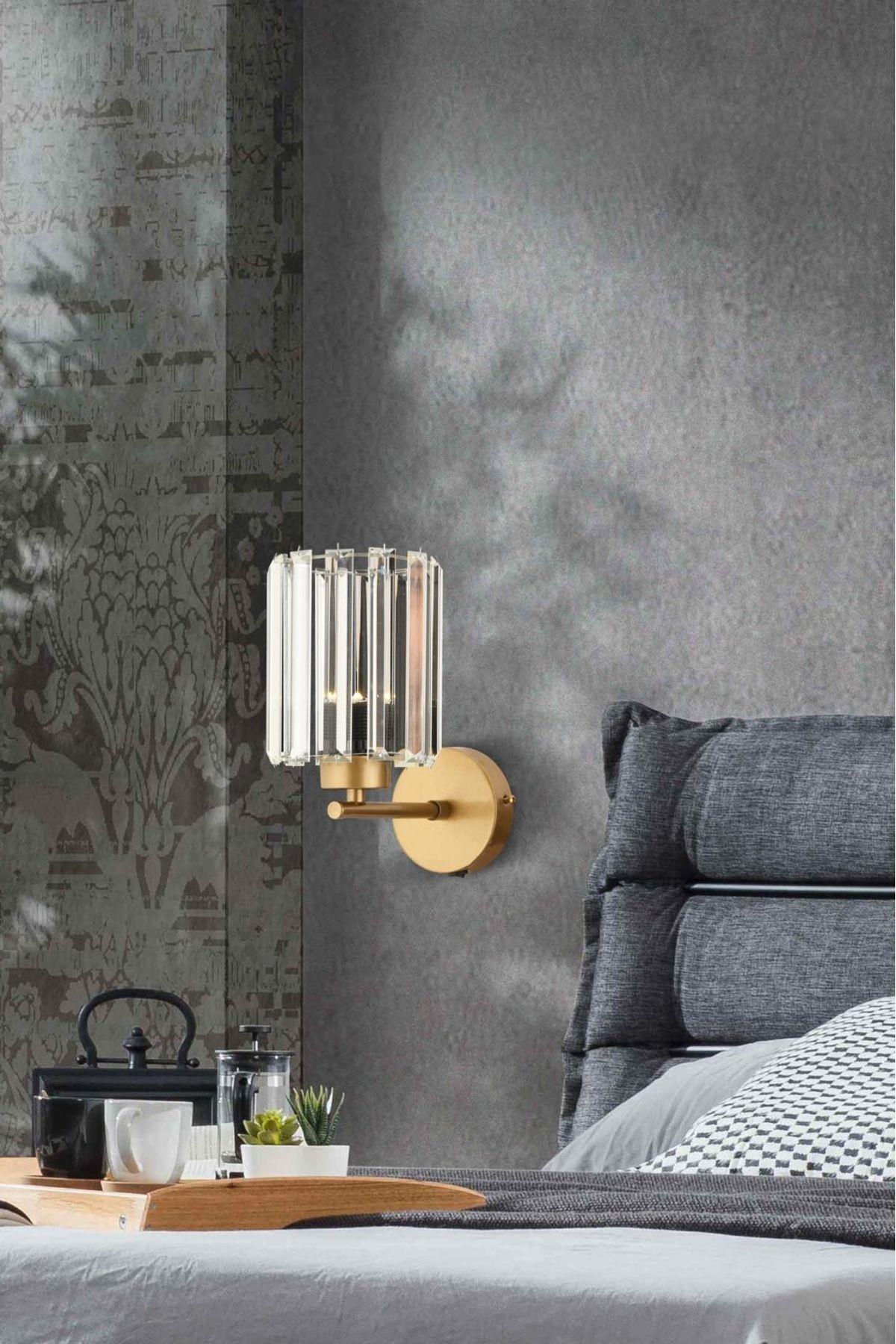 Modern Luxury Kristal Taşlı Pilli Aplik Eskitme Gold Sarı Tak Çalıştır Harika Görsel