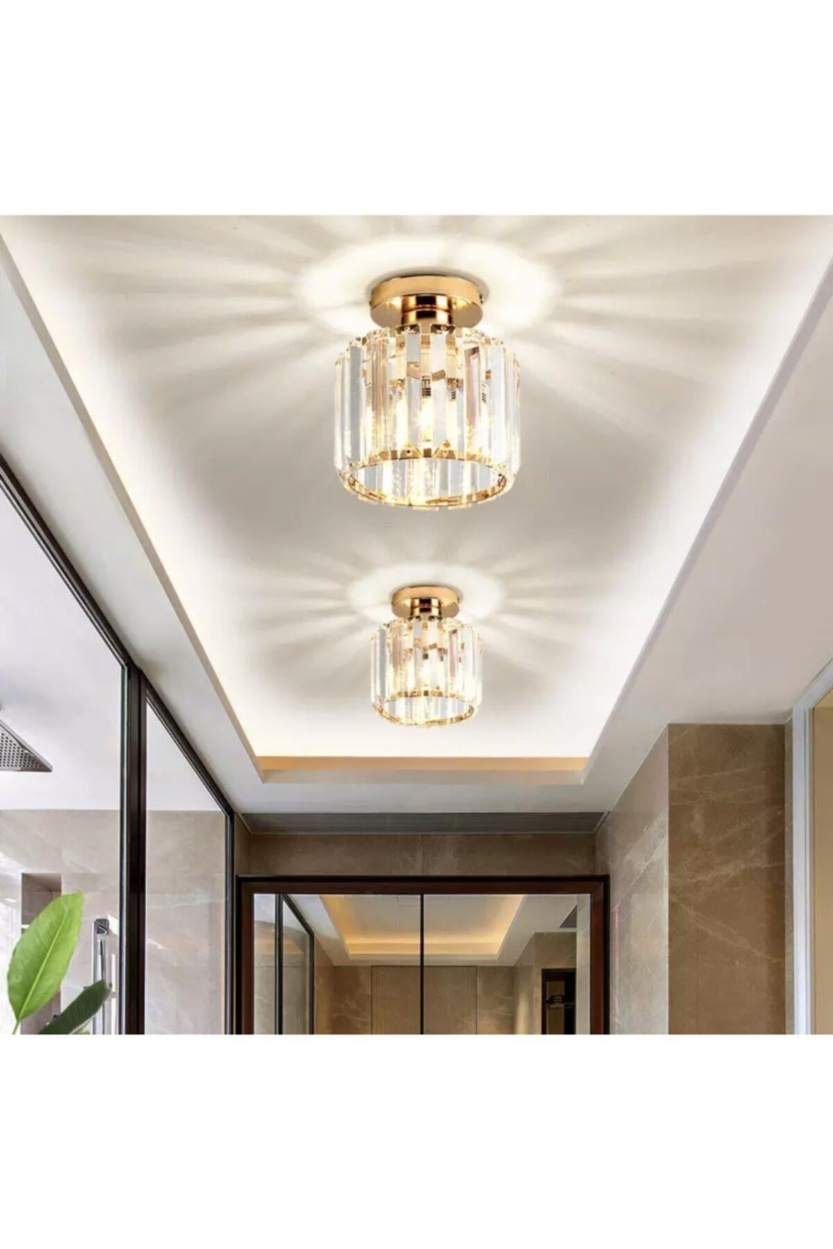 Modern Luxury Plafonyer Kristal Taşlı Gold Sarı Hol Antre Avize 1041
