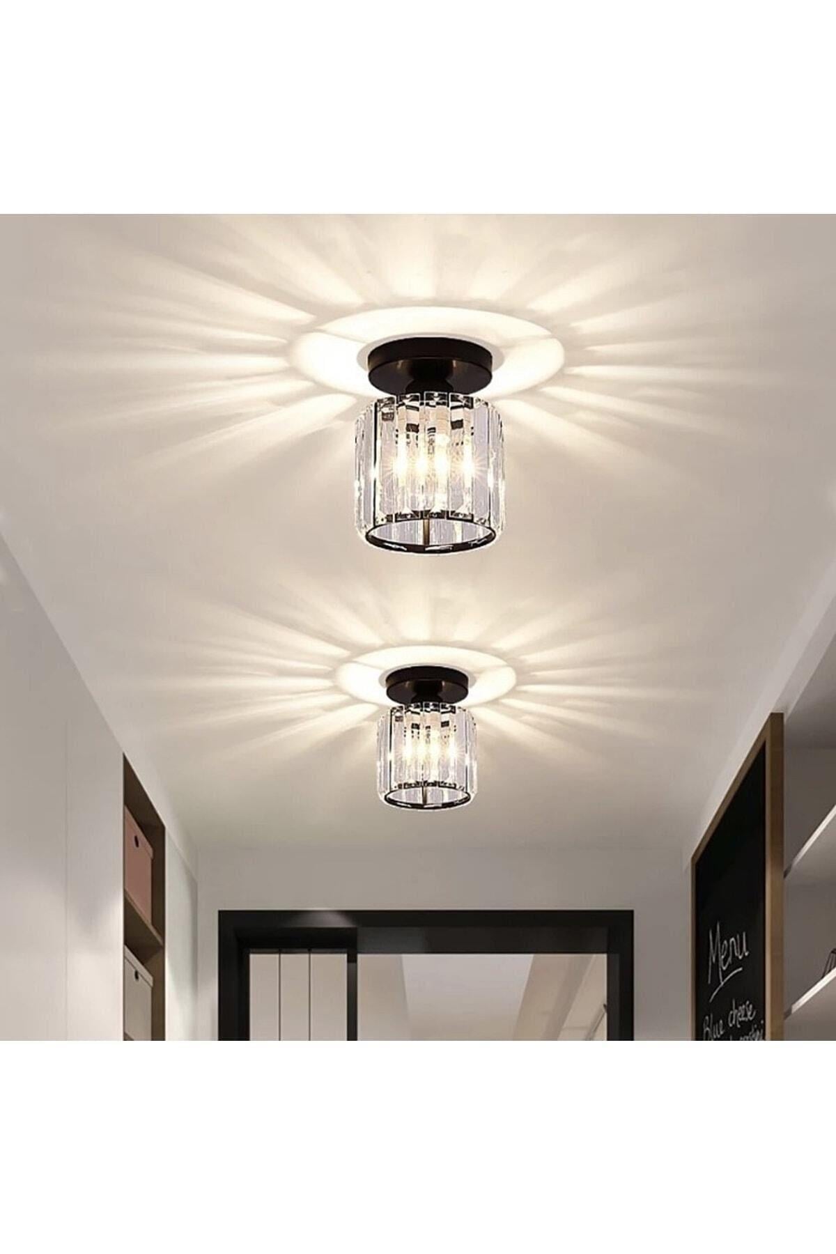 Modern Luxury Plafonyer Tavan Kristal Taşlı Avize Hol Antre Avize Siyah