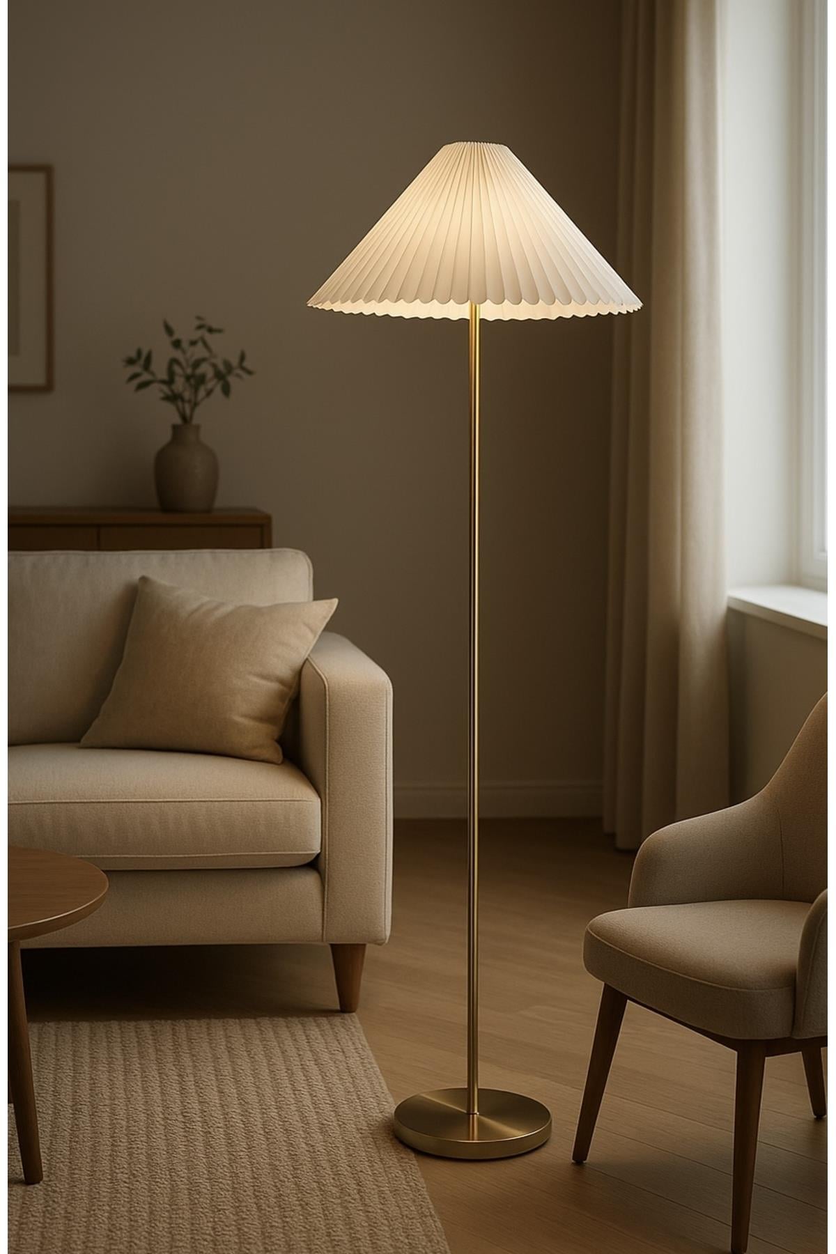 Modern Maslak Lambader Metal Gövde Eskitme Gold Sarı Umbrella Pileli Abajur
