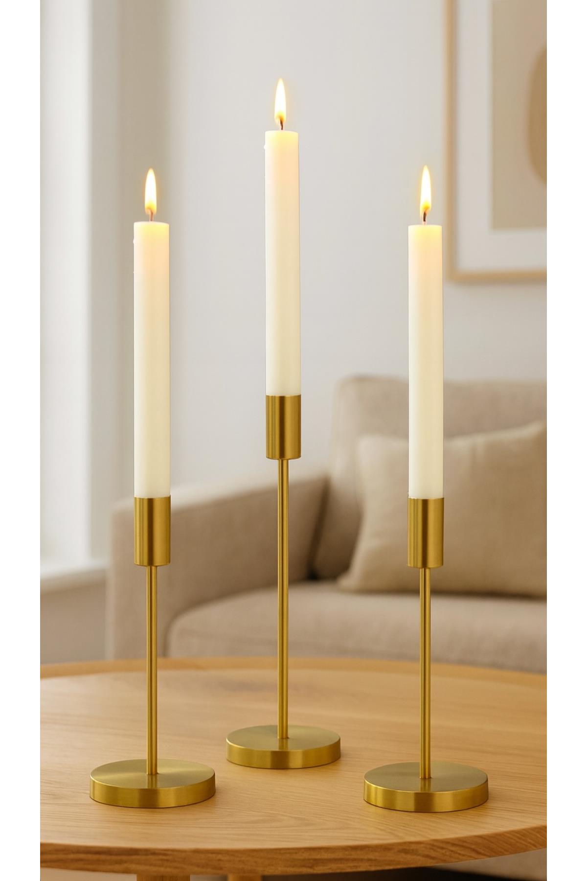 Modern Metal Dekoratif Mumluk 3’lü Set Şamdan Obje Eskitme Gold Sarı (Mum Hariçtir)