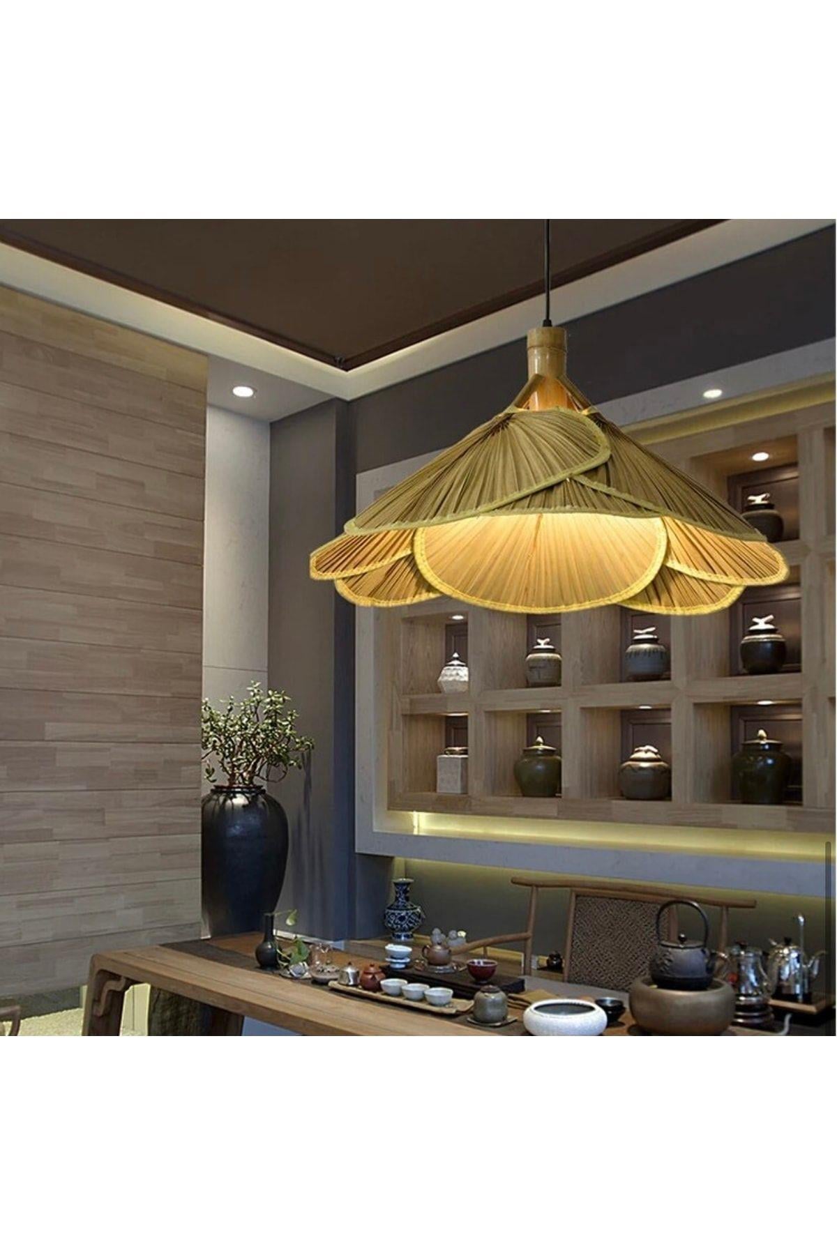 Modern Nordic Tasarım Bamboo Avize Hasır Avize Yonca 1.sınıf Kalite 600mm Çap Naturel Ferahlık Katar