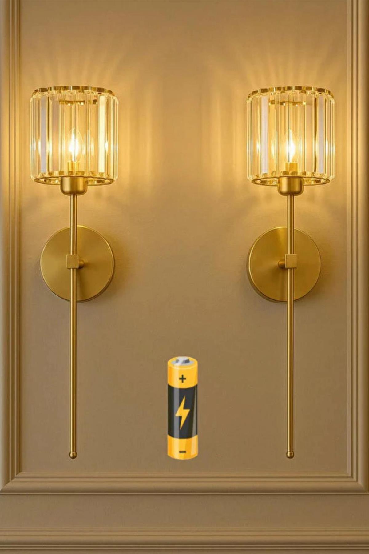 Modern Pilli Aplik Kristal Taşlı Şık Kablosuz Aç Kapa Butonlu Aplik Eskitme Gold Sarı