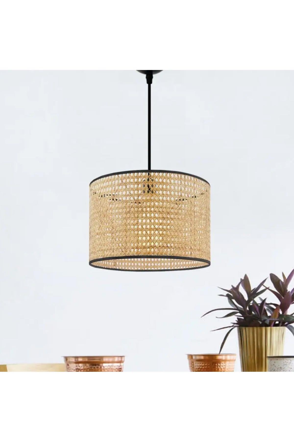 Modern Rattan Boheme Tasarım Salon Mutfak Oturma Odası Avize Doğal Hazeran Tekli Avize Hasır 25 Cm