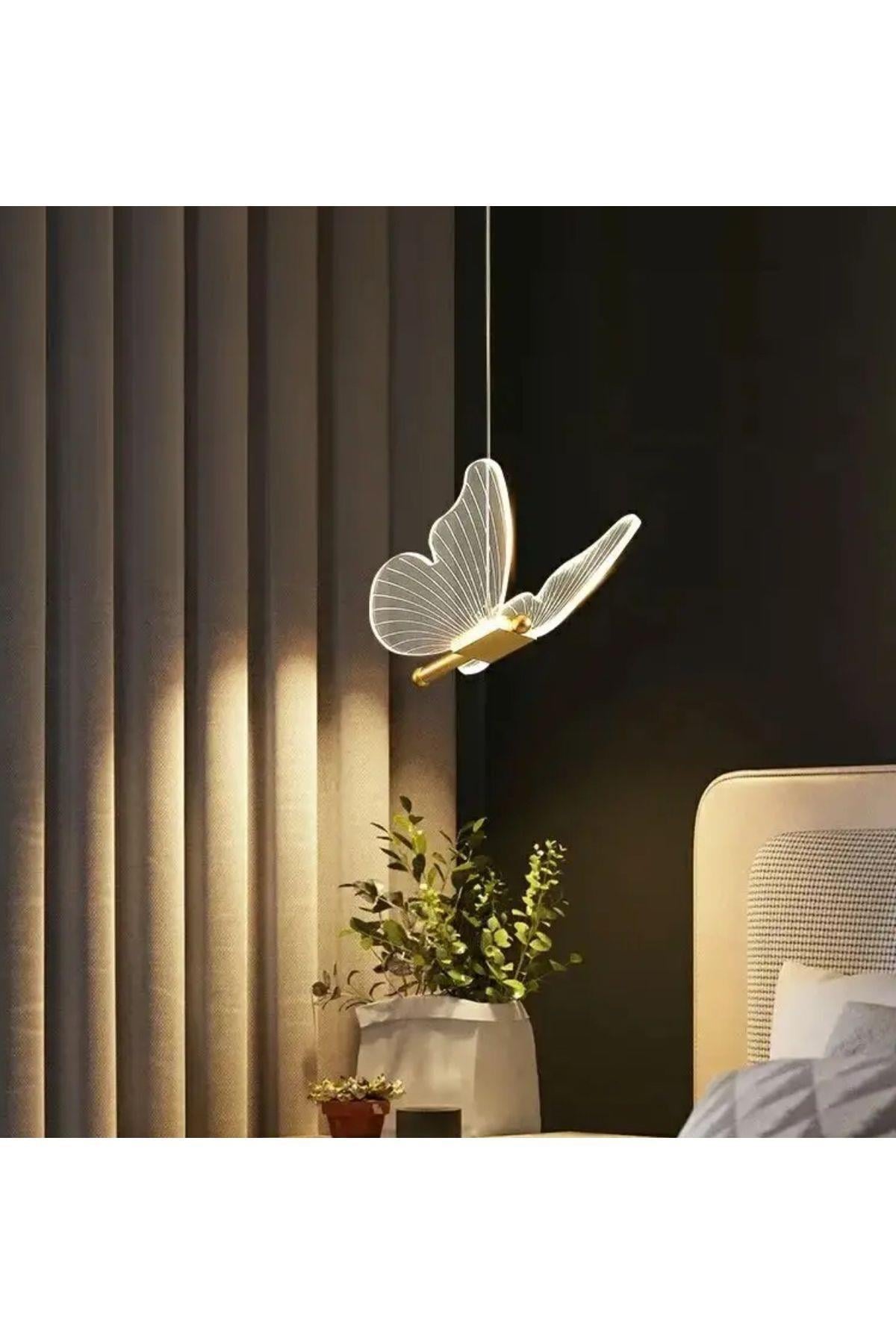 Modern Sarkıt Tekli Led Avize Kelebek Avize Butterfly Gold Sarı