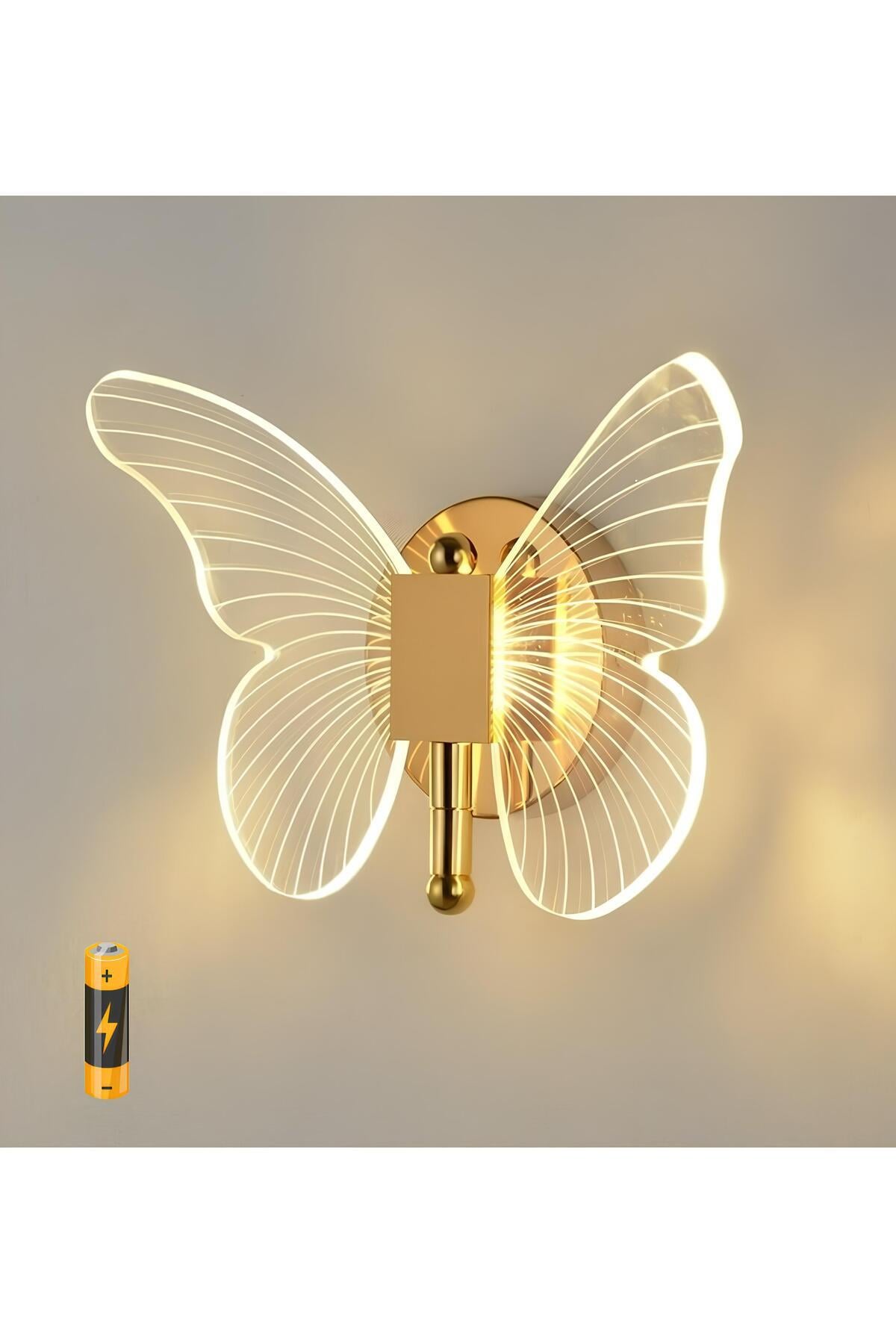 Modern Tasarım Butterfly Kelebek Pilli Aplik Aç Kapa Butonlu Kablosuz Tak Çalıştır Gold Sarı