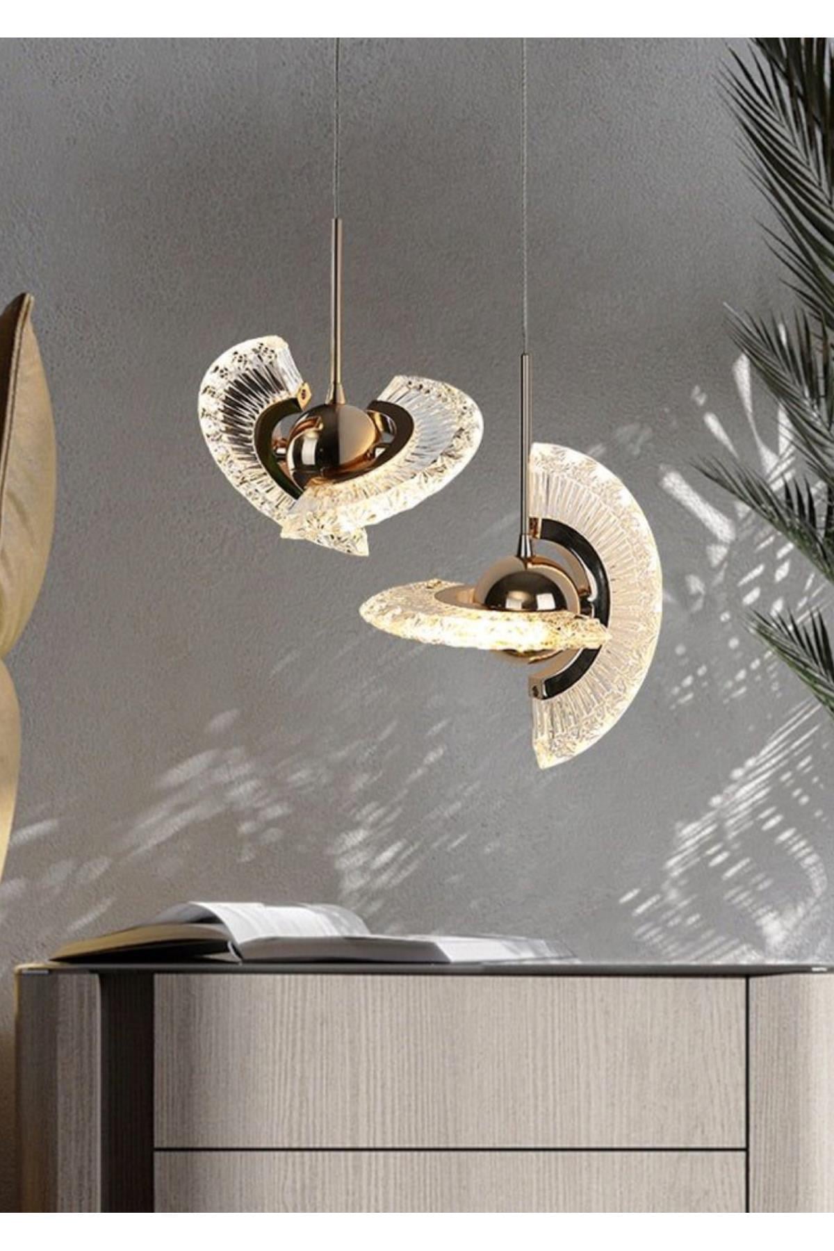 Modern Tasarım Crystal İkili Sarkıt Led Avize 2 Adet Sarkıt Gold Sarı