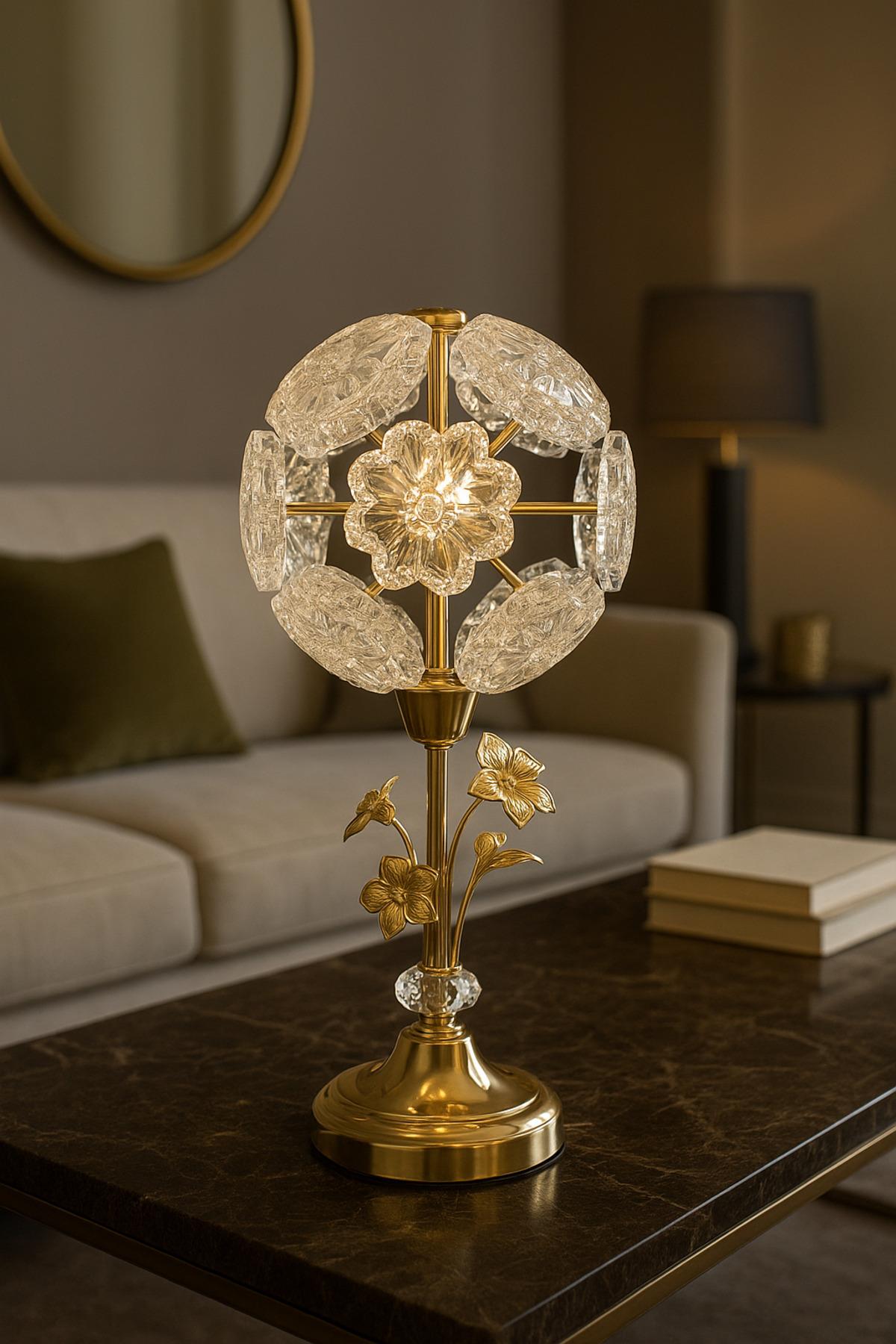 Modern Tasarım Crystal Kristal Taşlı Abajur Masa Lambası 3 Renk Işıklı Parlak Gold Sarı Gövde
