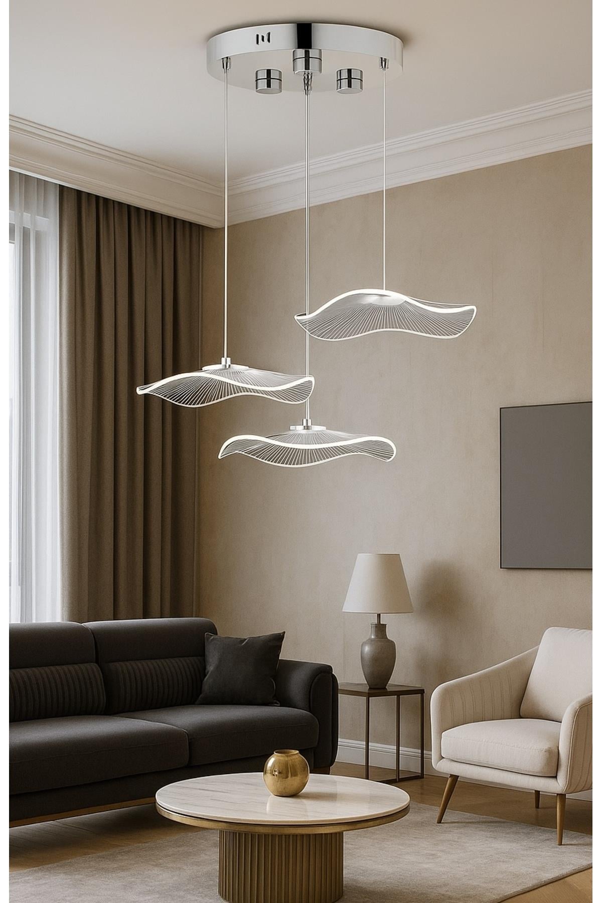 Modern Tasarım Jellyfish Gün Işığı Üçlü Sarkıt Led Avize Krom Gümüş Gövde