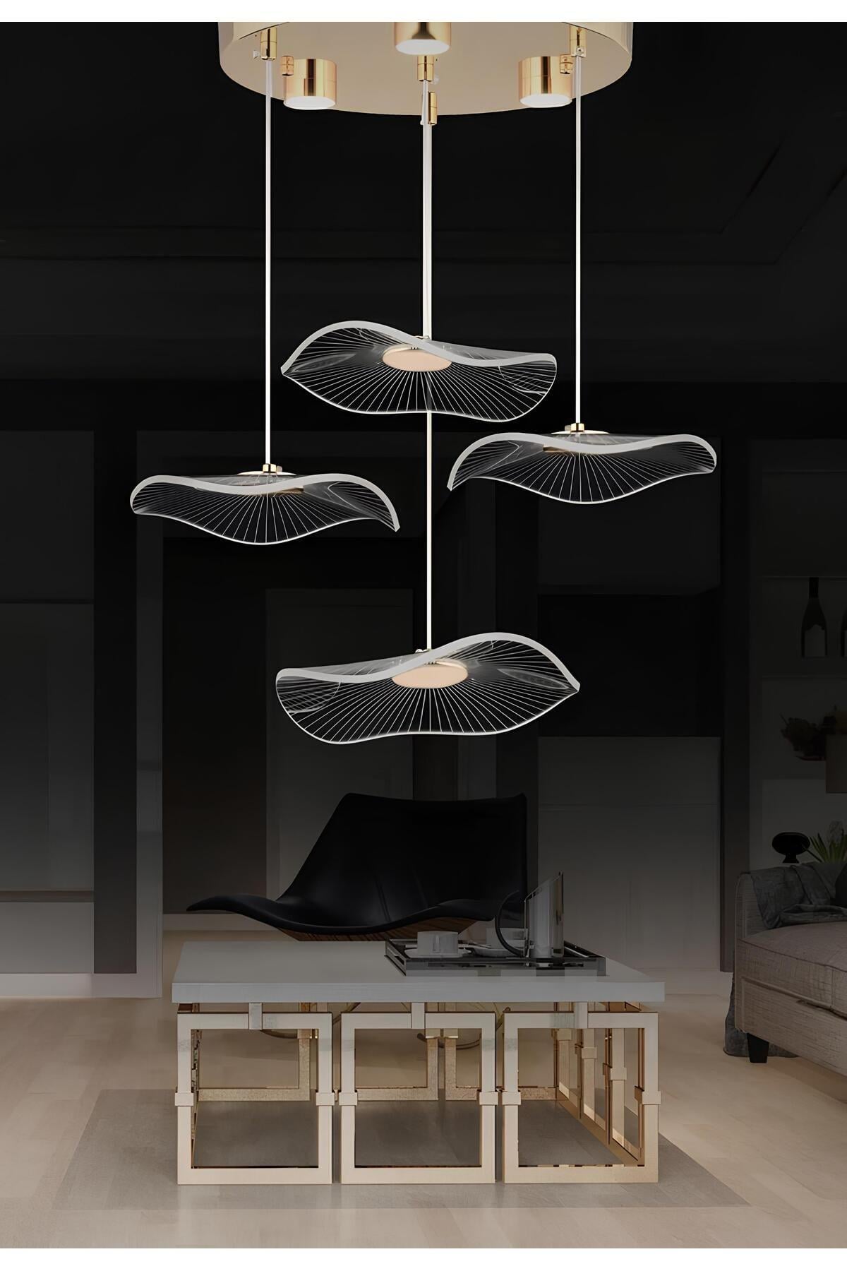 Modern Tasarım Jellyfish Led Avize Dörtlü Sarkıt Gold Sarı