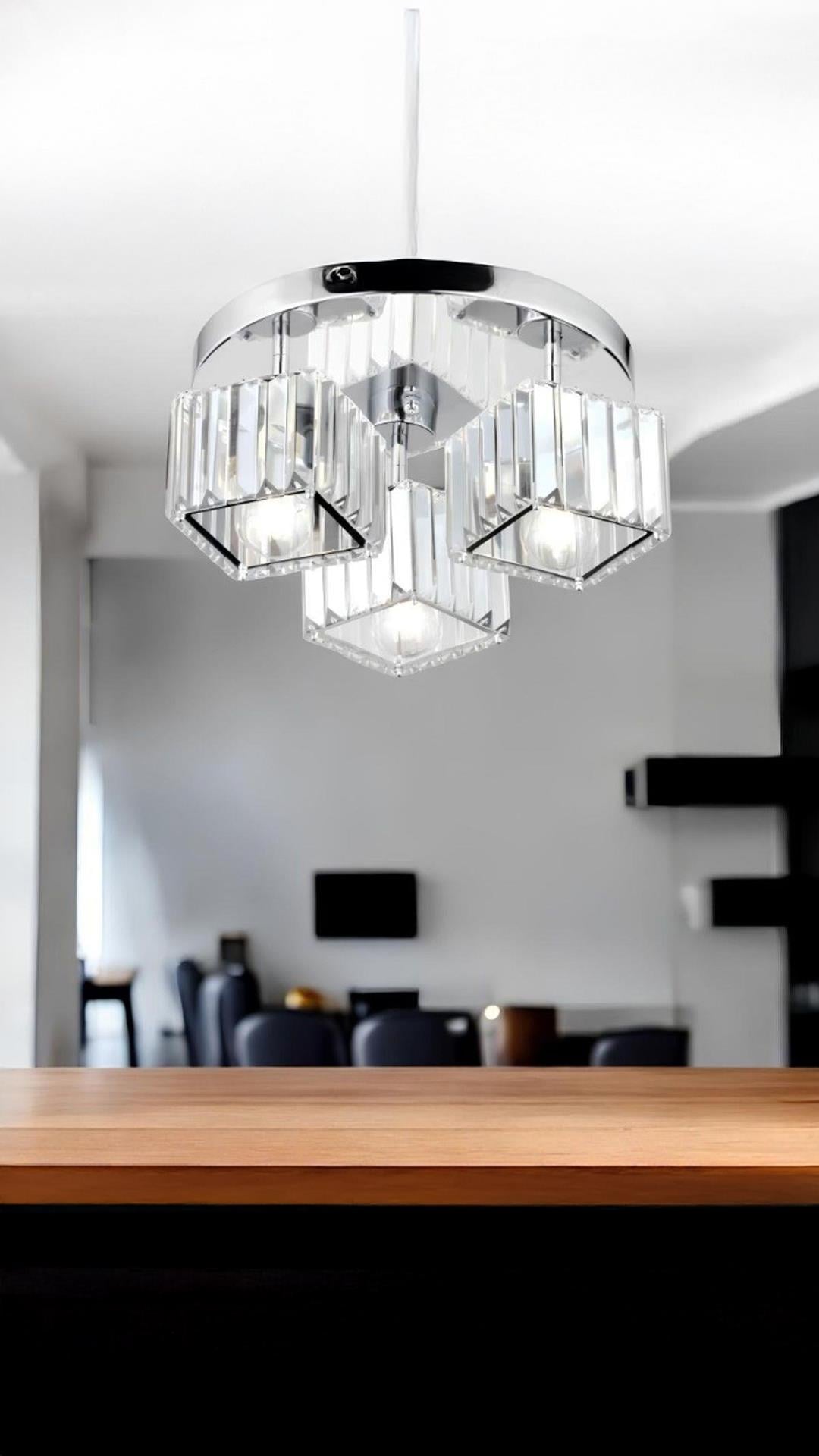 Modern Tasarım Kristal Taşlı Tavana Sıfır Kare Üçlü Avize Salon Oturma Odası Mutfak Avizesi Krom