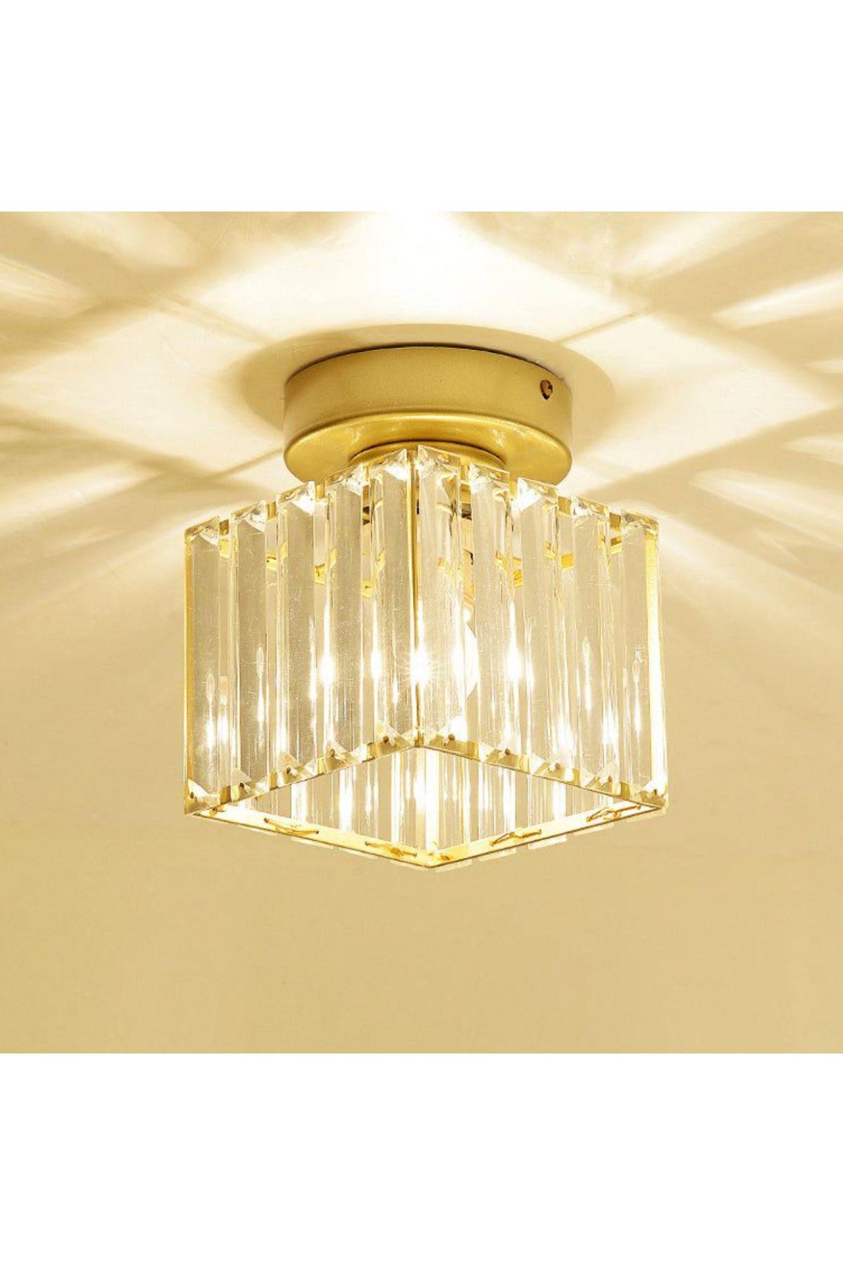 Modern Tasarım Lüks Kristal Taşlı Avize Kare Hol Antre Oturma Odası Avizesi Eskitme Gold Sarı