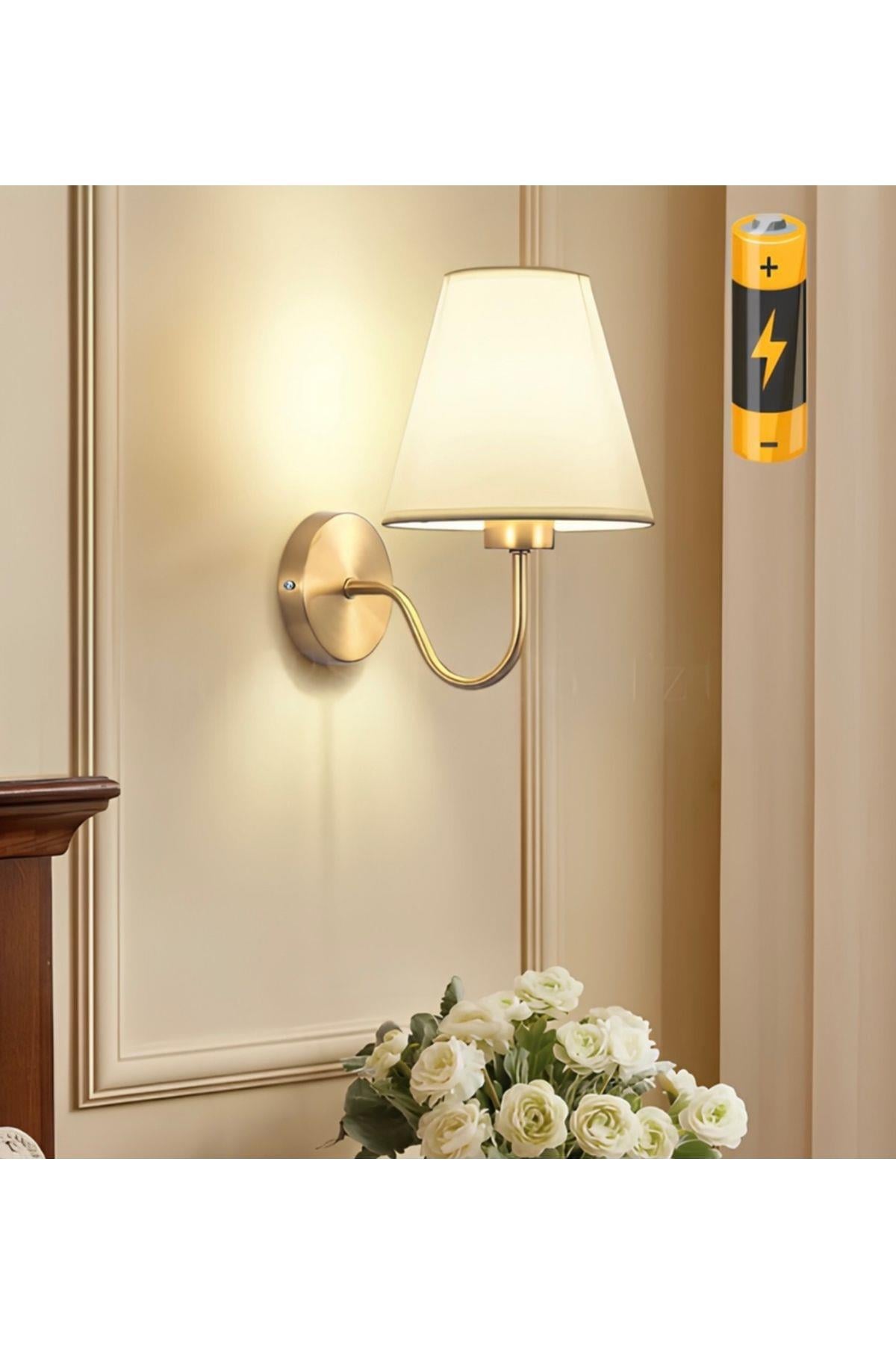 Modern Tasarım Pilli Aplik Gold Sarı Ledli Tak Çalıştır Krem Şapkalı Led Aplik Harika Görsel