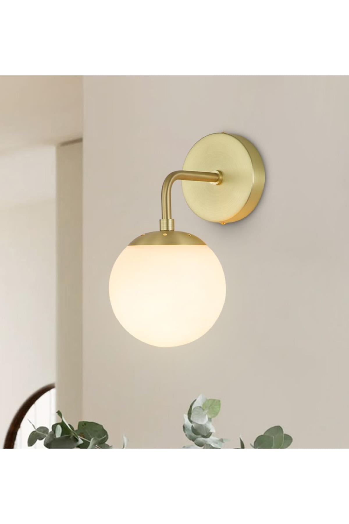 Modern Tasarım Tak Çalıştır Pilli Aplik Eskitme Gold Duvar Pilli Aplik Beyaz Opal Cam