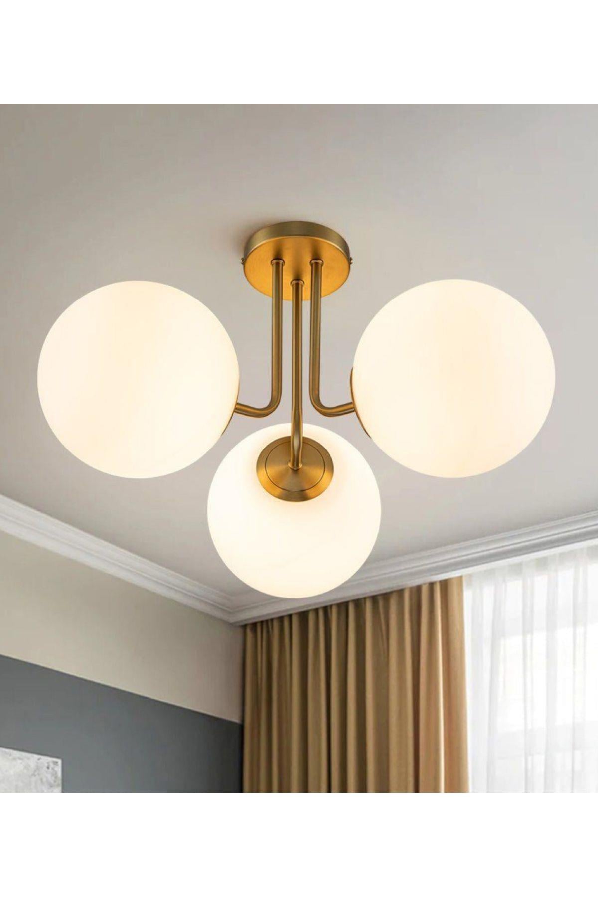 Modern Tasarım Tavana Sıfır Emma Beyaz Glop Camlı Avize Salon Mutfak Oturma Odası Avize Eskitme Gold