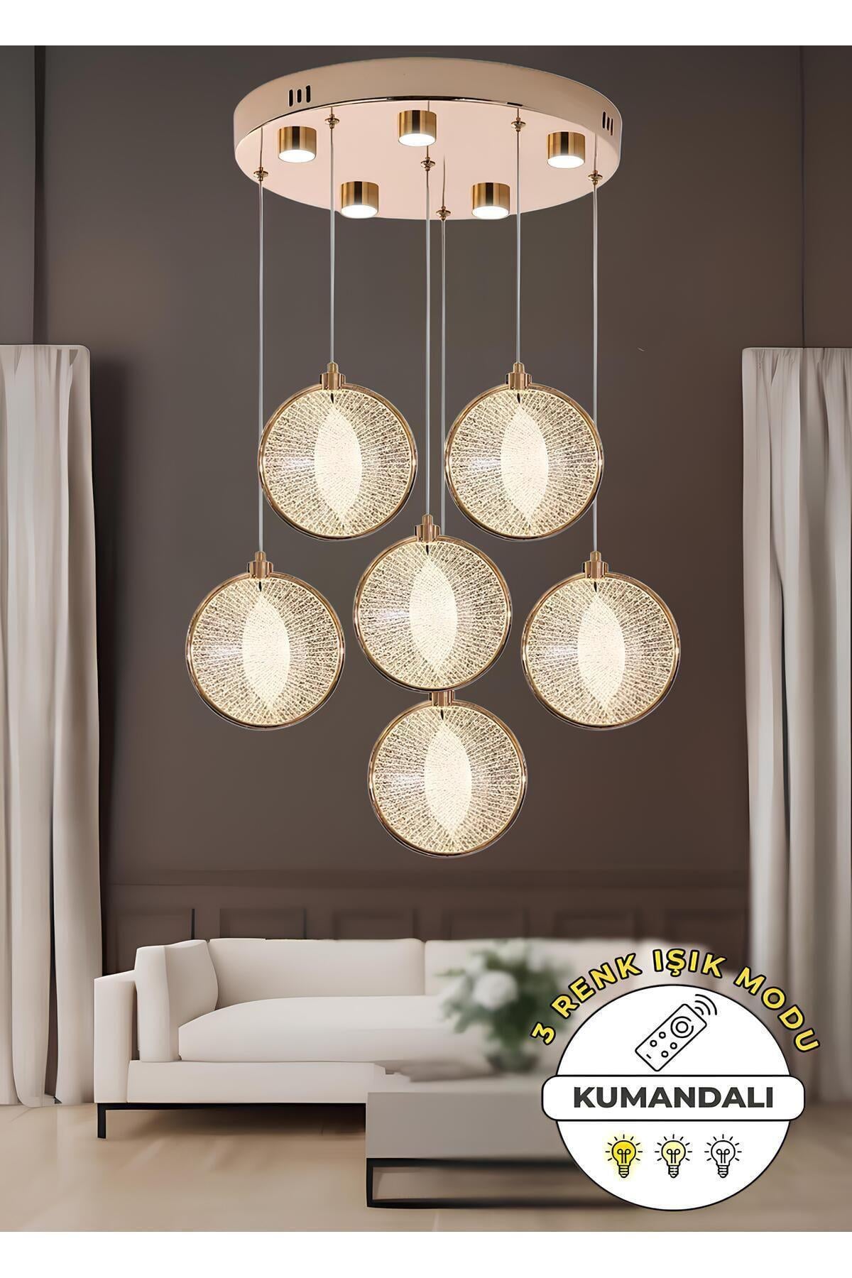 Modern Tasarım Venezia Led Avize Altılı Sarkıt Avize Kumandalı 3 Renk Dimmer Özellikli Gold Sarı