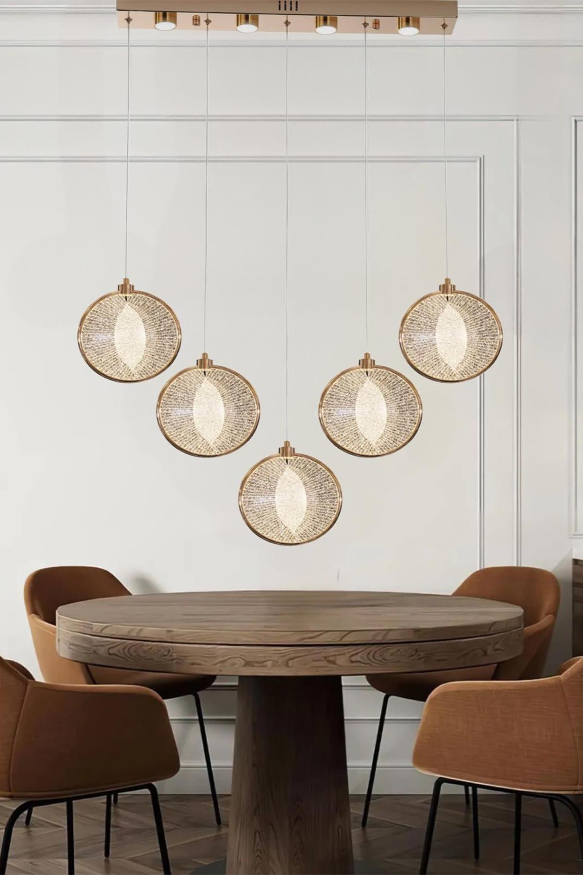 Modern Tasarım Venezia Led Avize Beşli Sıralı Sarkıt Avize Kumandalı 3 Renk Dimmerli Gold Sarı