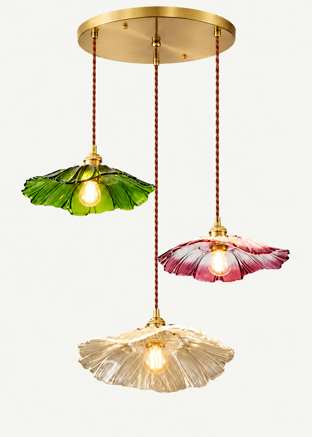Modern Tasarım Vintage Boheme El Yapımı Karışık Renkli Camlı Üçlü Sarkıt Avize Eskitme Gold
