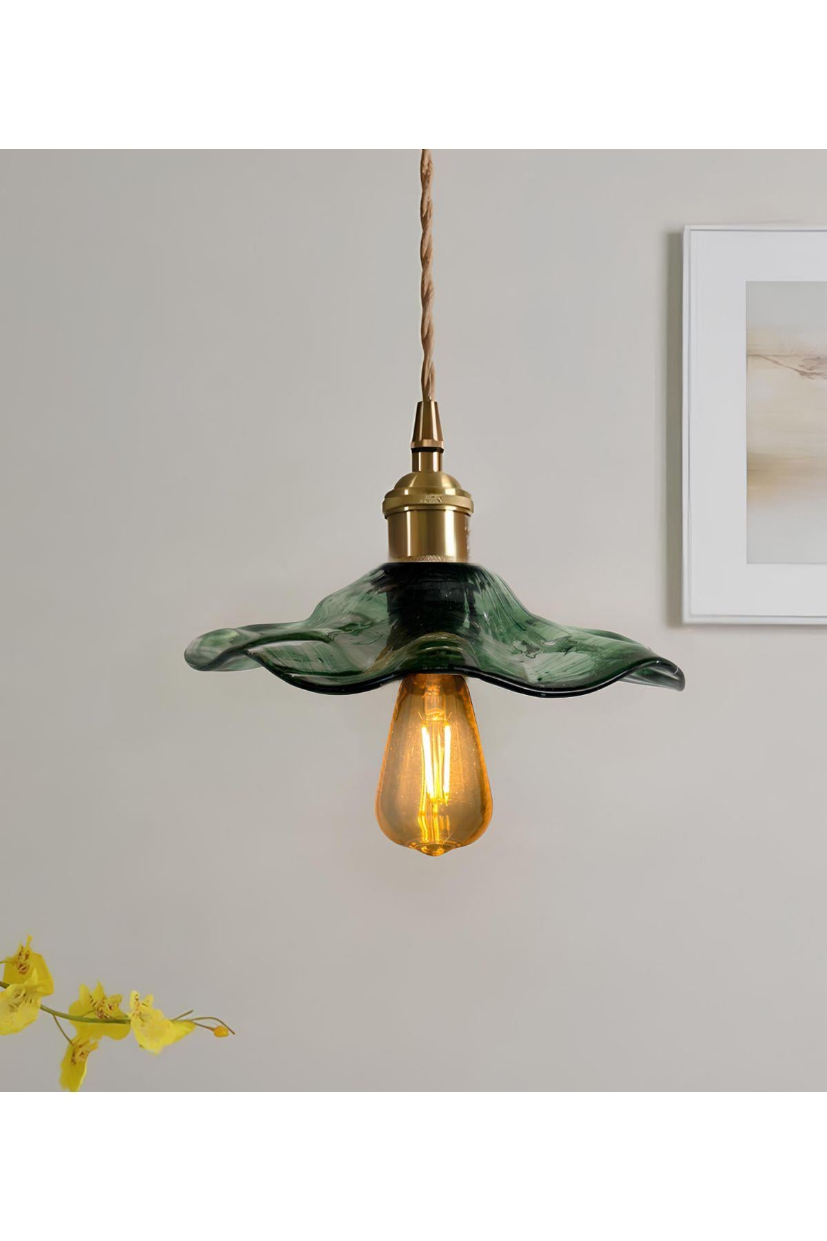Modern Tasarım Vintage Boheme Estetik El Yapımı Yeşil Camlı Sarkıt Avize Eskitme Gold Kahve Örgü