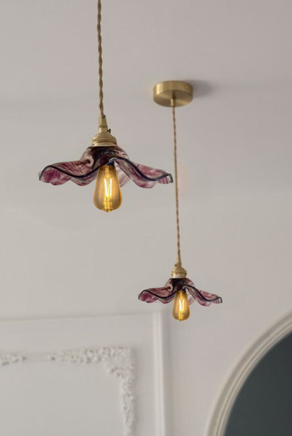 Modern Tasarım Vintage Boheme Estetik El Yapımı Lila Camlı Sarkıt Avize Eskitme Gold Kahve Örgü