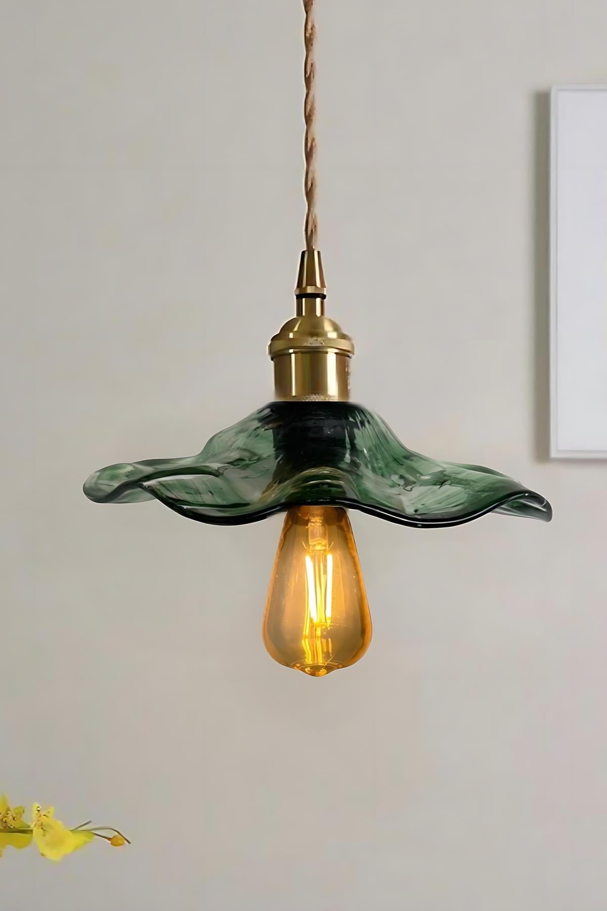 Modern Tasarım Vintage Boheme Estetik El Yapımı Yeşil Camlı Sarkıt Avize Eskitme Gold Kahve Örgü