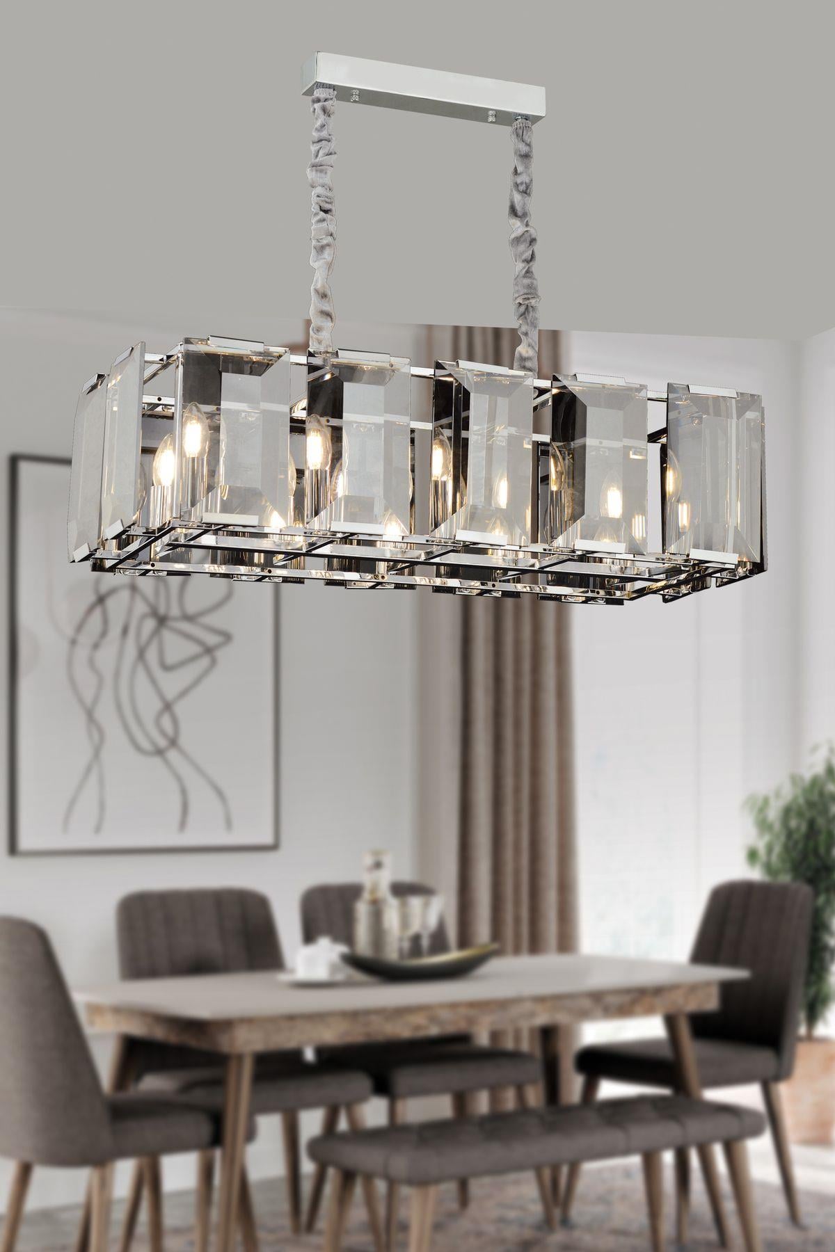 Modern Tasarım Vision Kristal Taşlı Sarkıt Avize Yemek Masası Elips 80 Cm Gümüş Krom