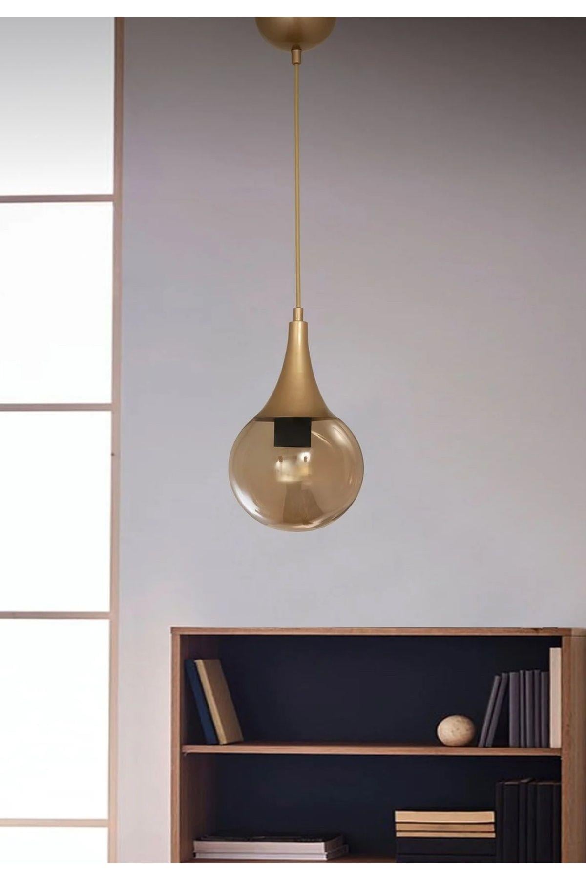 Modern Vinci Glop Bal Camlı Avize Tekli Sarkıt Salon Oturma Odası Hol Antre Mutfak Avize Eskime Gold