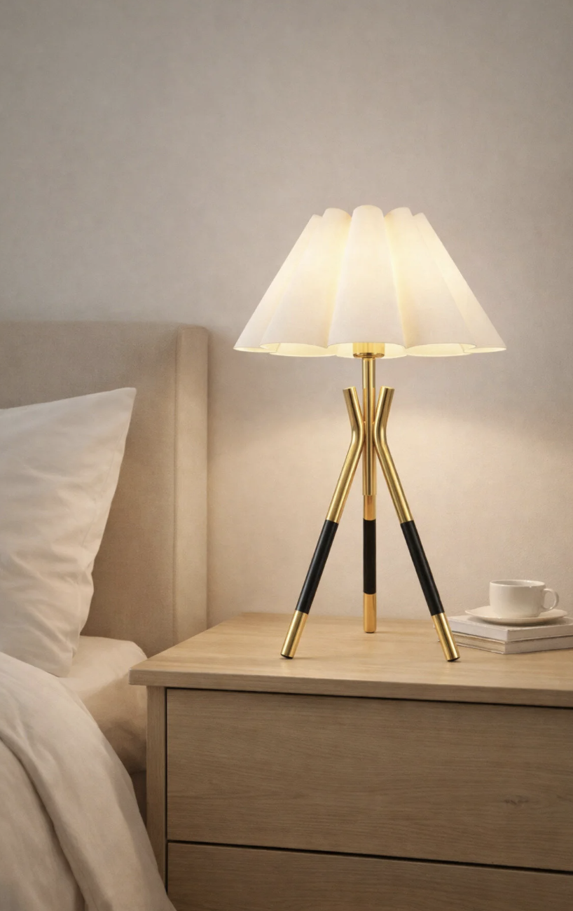 Monako Modern Tasarım Fico Krem Kumaş Başlıklı Abajur Gold Sarı Siyah Detaylı Masa Lambası