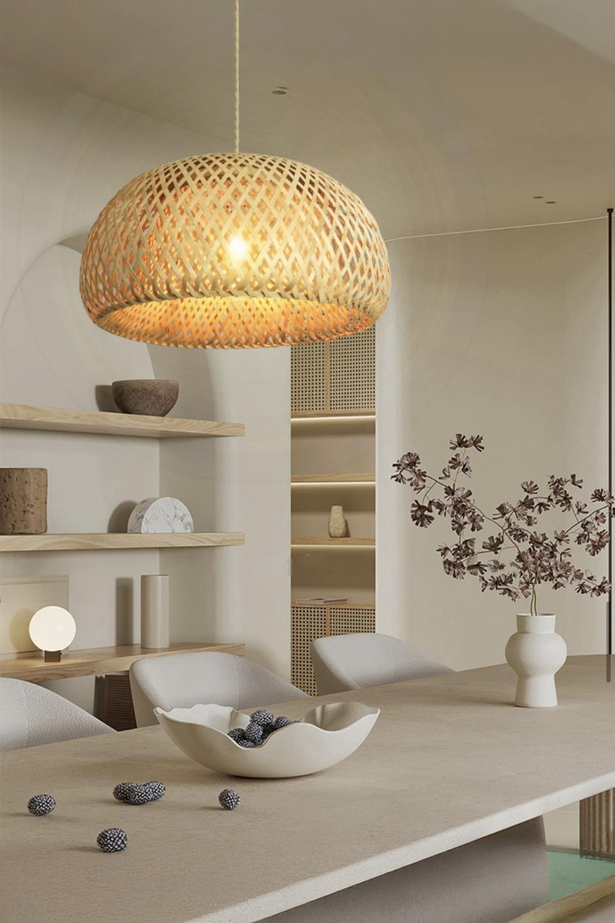Nordic Tasarım Bamboo Avize Hasır Avize 1.sınıf Kalite 380mm Çap Naturel Ferahlık Katar