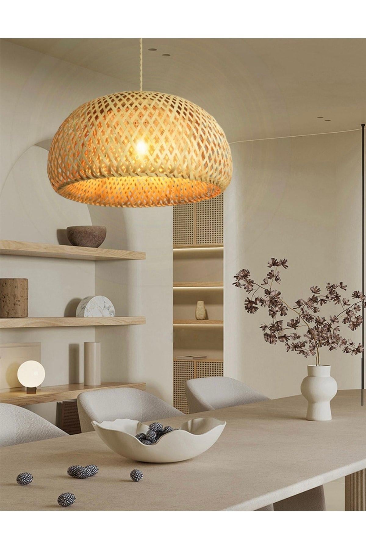Nordic Tasarım Bamboo Avize Hasır Avize 1.sınıf Kalite 300mm Çap Naturel Ferahlık Katar