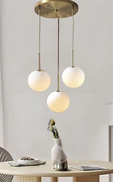 Modern Signora Fikrush Camlı Sarkıt Avize Üçlü Beyaz Glop Cam Eskitme Gold